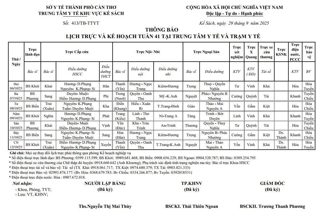 THÔNG BÁO LỊCH TRỰC VÀ KẾ HOẠCH TUẦN 41/2025 (06/10/2025 - 12/10/2025)