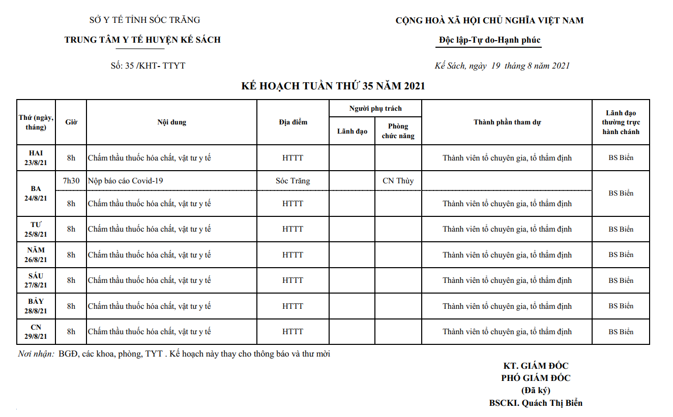 KẾ HOẠCH TUẦN THỨ 35 (23/8/2021-29/8/2021)