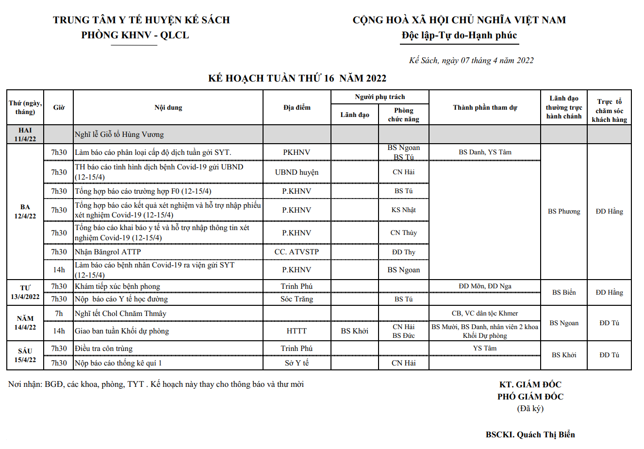 KẾ HOẠCH TUẦN 16/2022 (11/4/2022-17/4/2022)