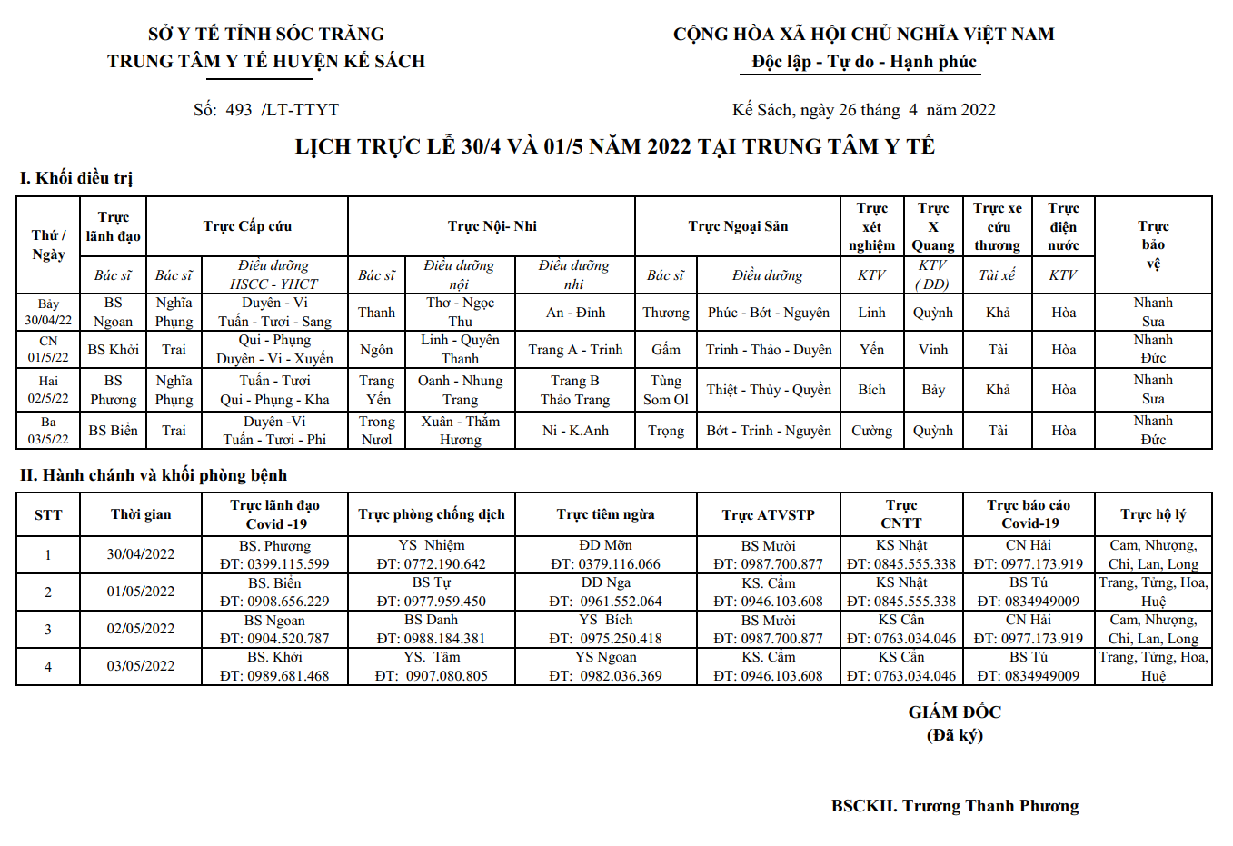 LỊCH TRỰC LỄ 30/4 VÀ 01/5