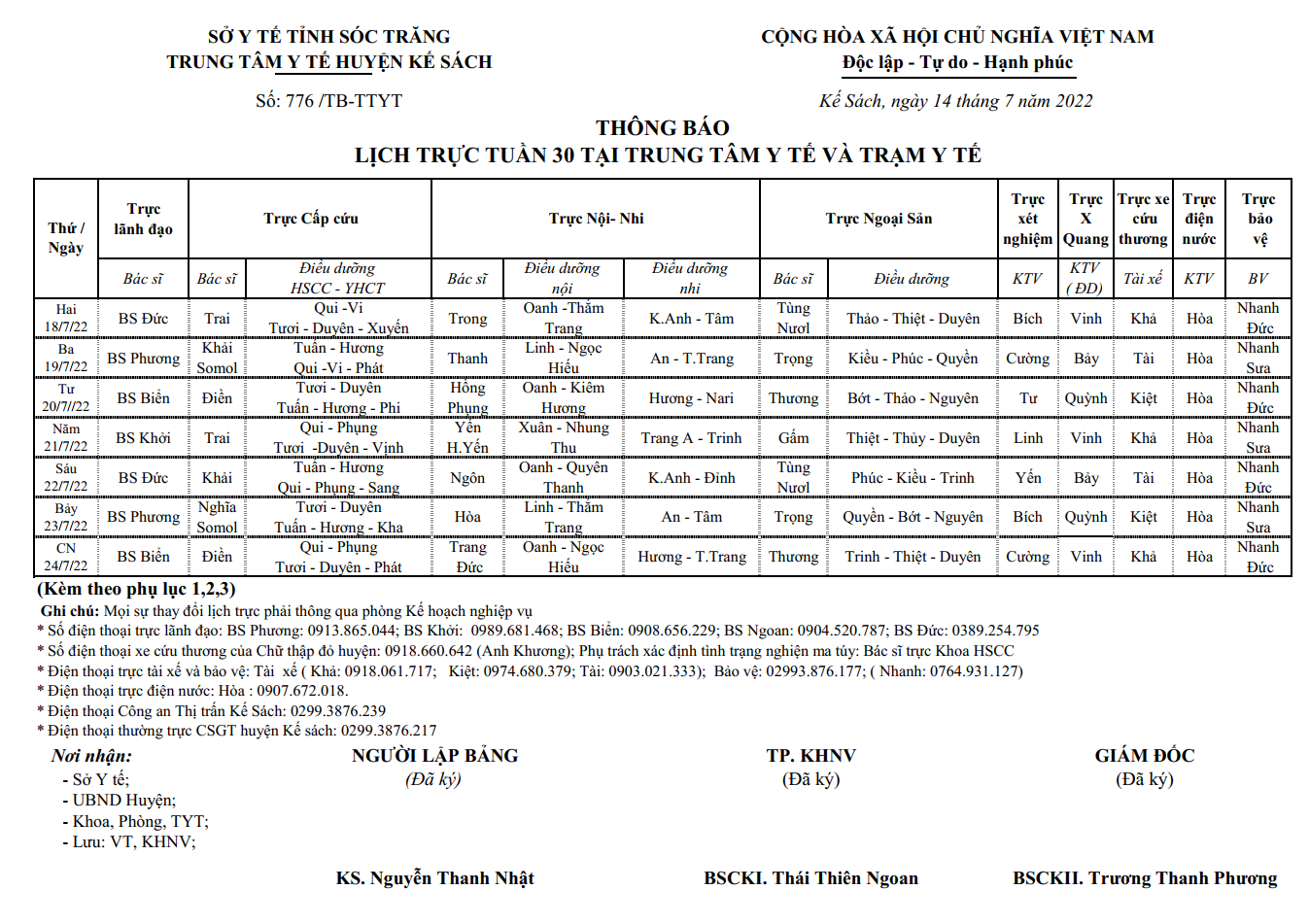 LỊCH TRỰC TUẦN 30/2022 (18/7/2022-24/7/2022)