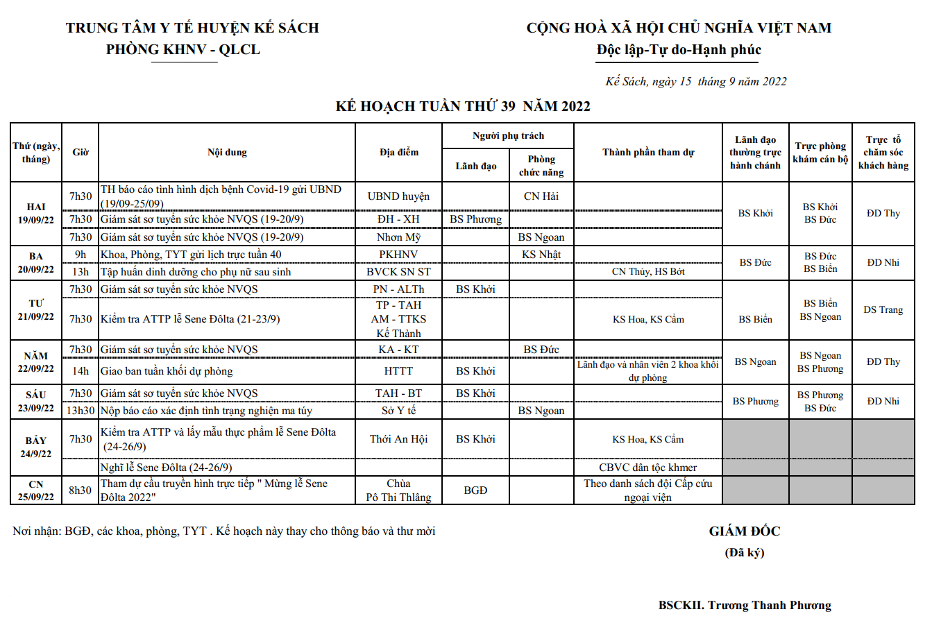 KẾ HOẠCH TUẦN 39/2022 (19/09/2022-25/09/2022)