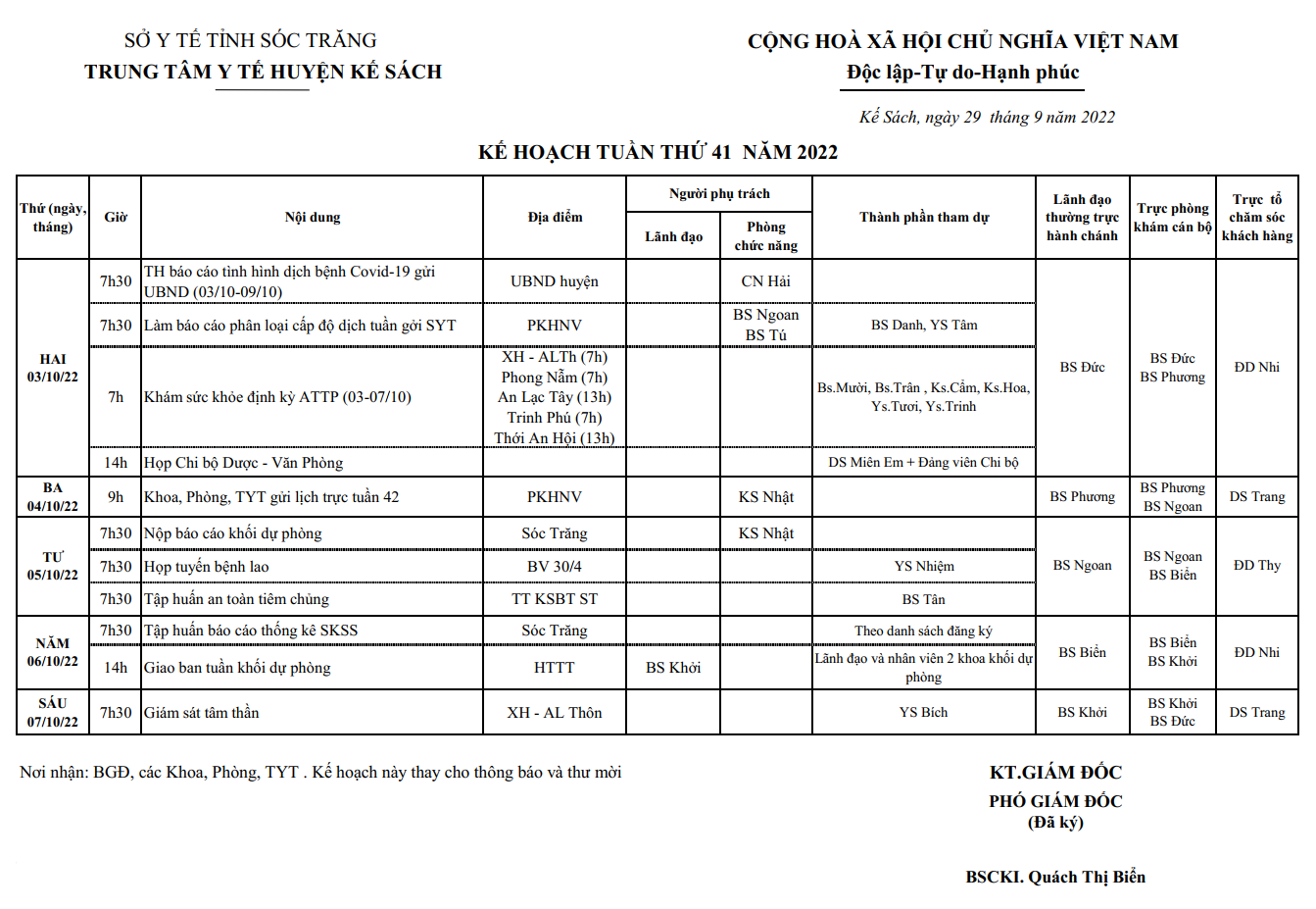 KẾ HOẠCH TUẦN 41/2022 (03/10/2022-09/10/2022)
