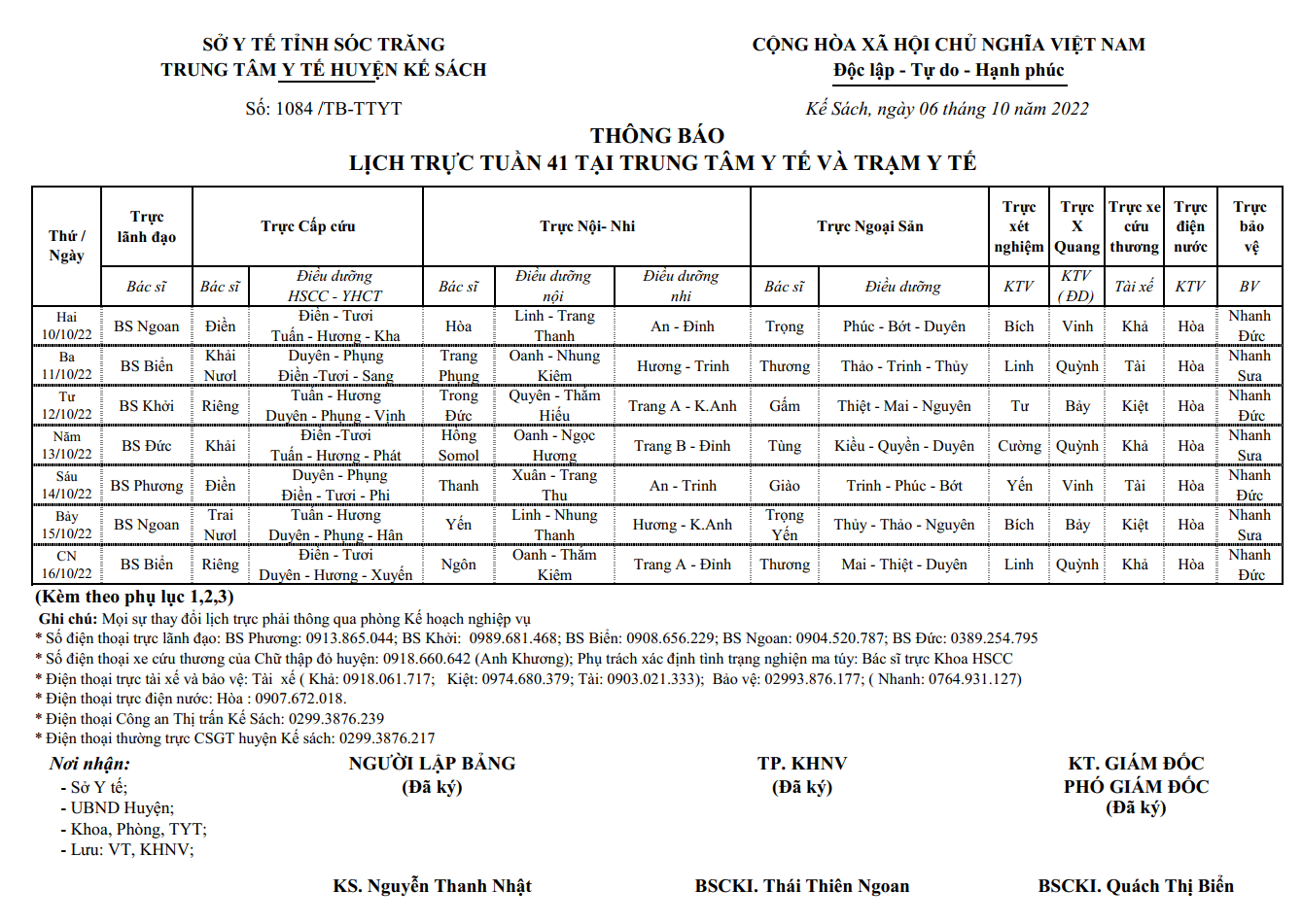 LỊCH TRỰC TUẦN 42/2022 (10/10/2022-16/10/2022)