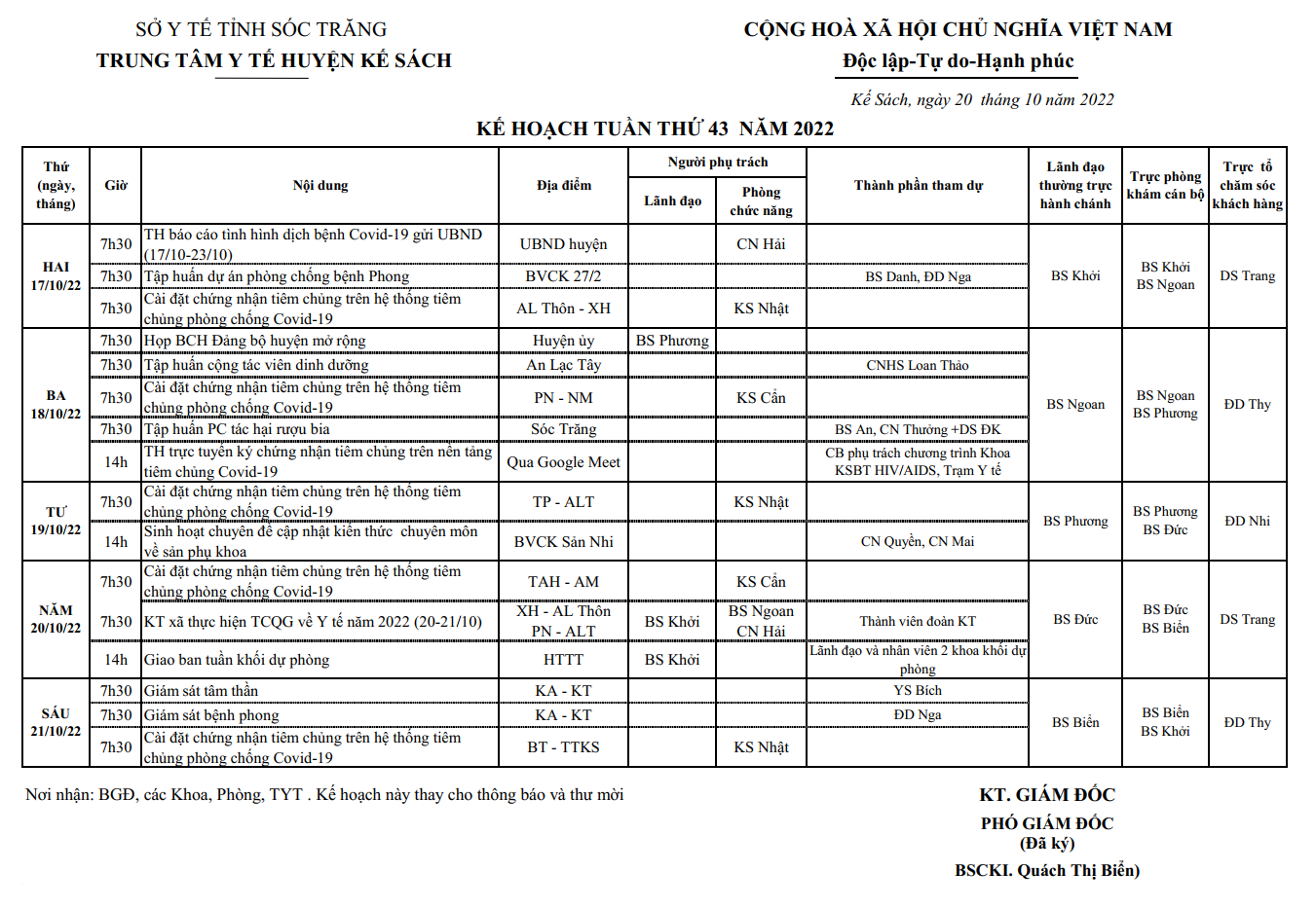 KẾ HOẠCH TUẦN 43/2022 (17/10/2022-23/10/2022)