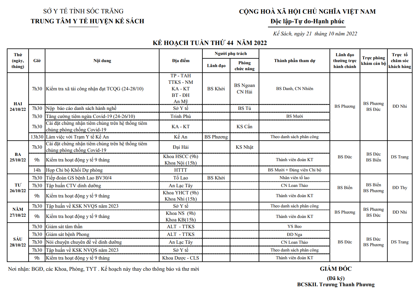 KẾ HOẠCH TUẦN 44/2022 (24/10/2022-30/10/2022)
