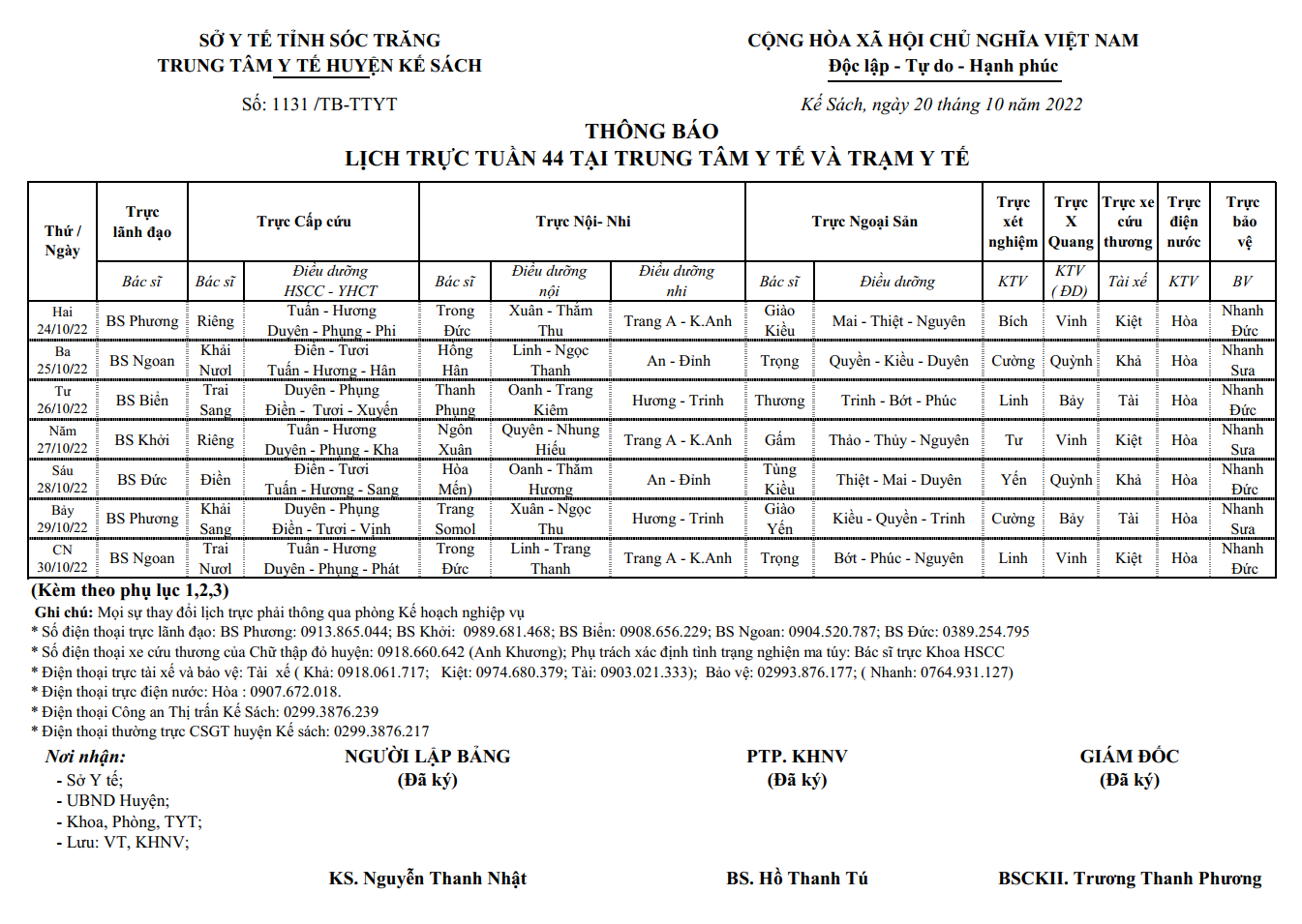 LỊCH TRỰC TUẦN 44/2022 (24/10/2022-30/10/2022)
