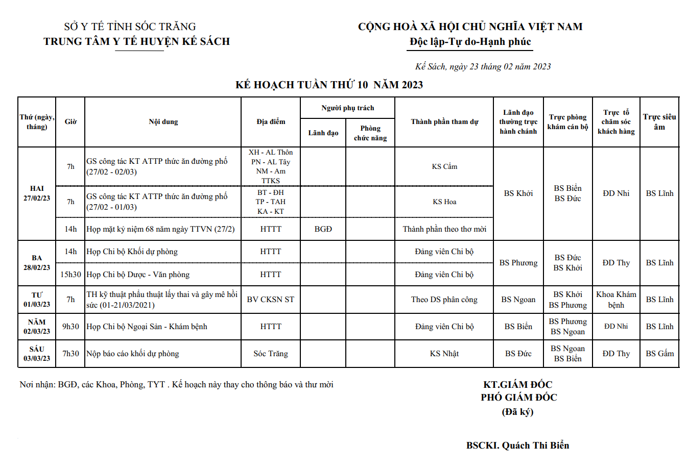 KẾ HOẠCH TUẦN 10/2023 (27/02/2022-05/03/2023)