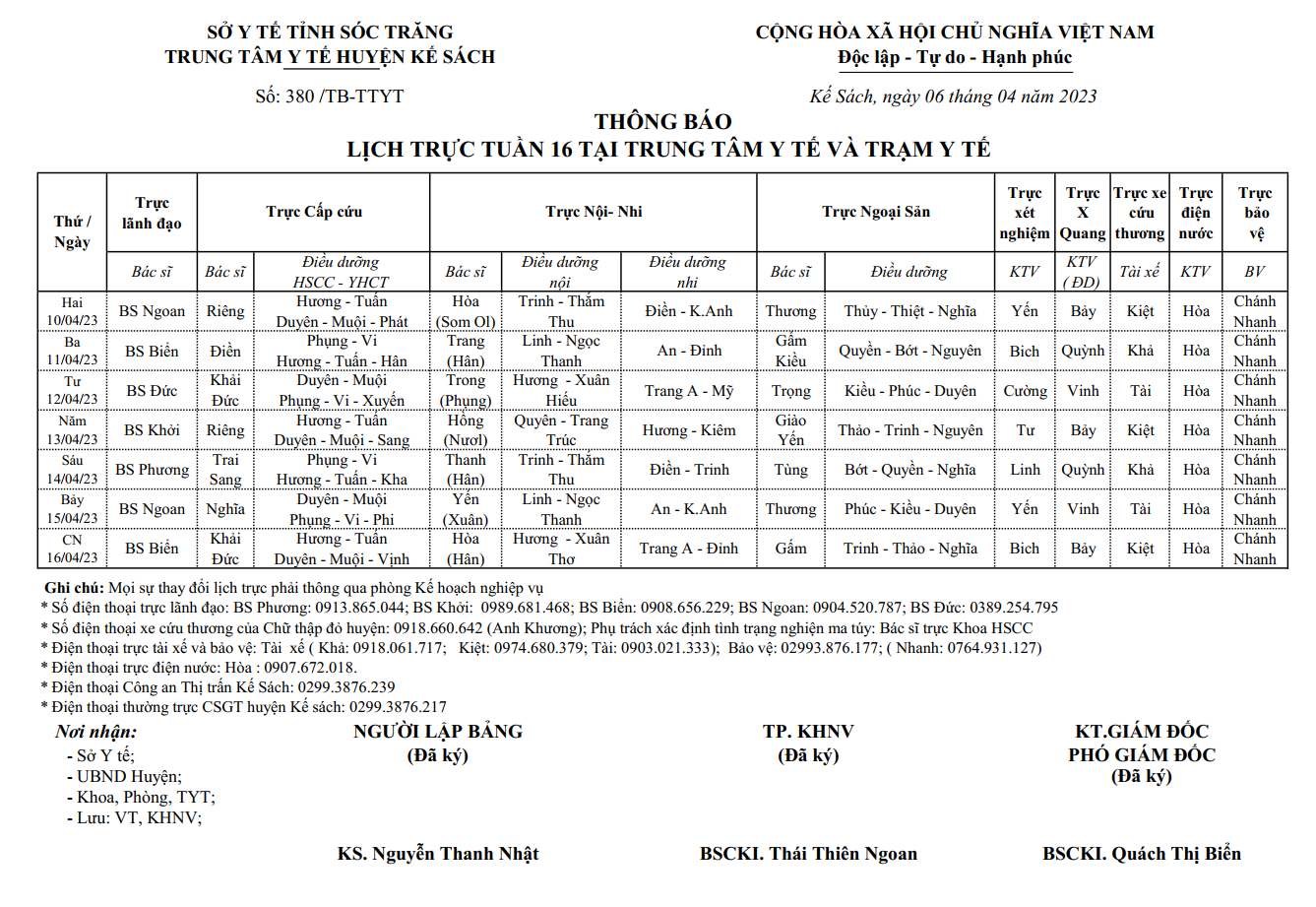 LỊCH TRỰC TUẦN 16/2023 (10/04/2022-16/04/2023)