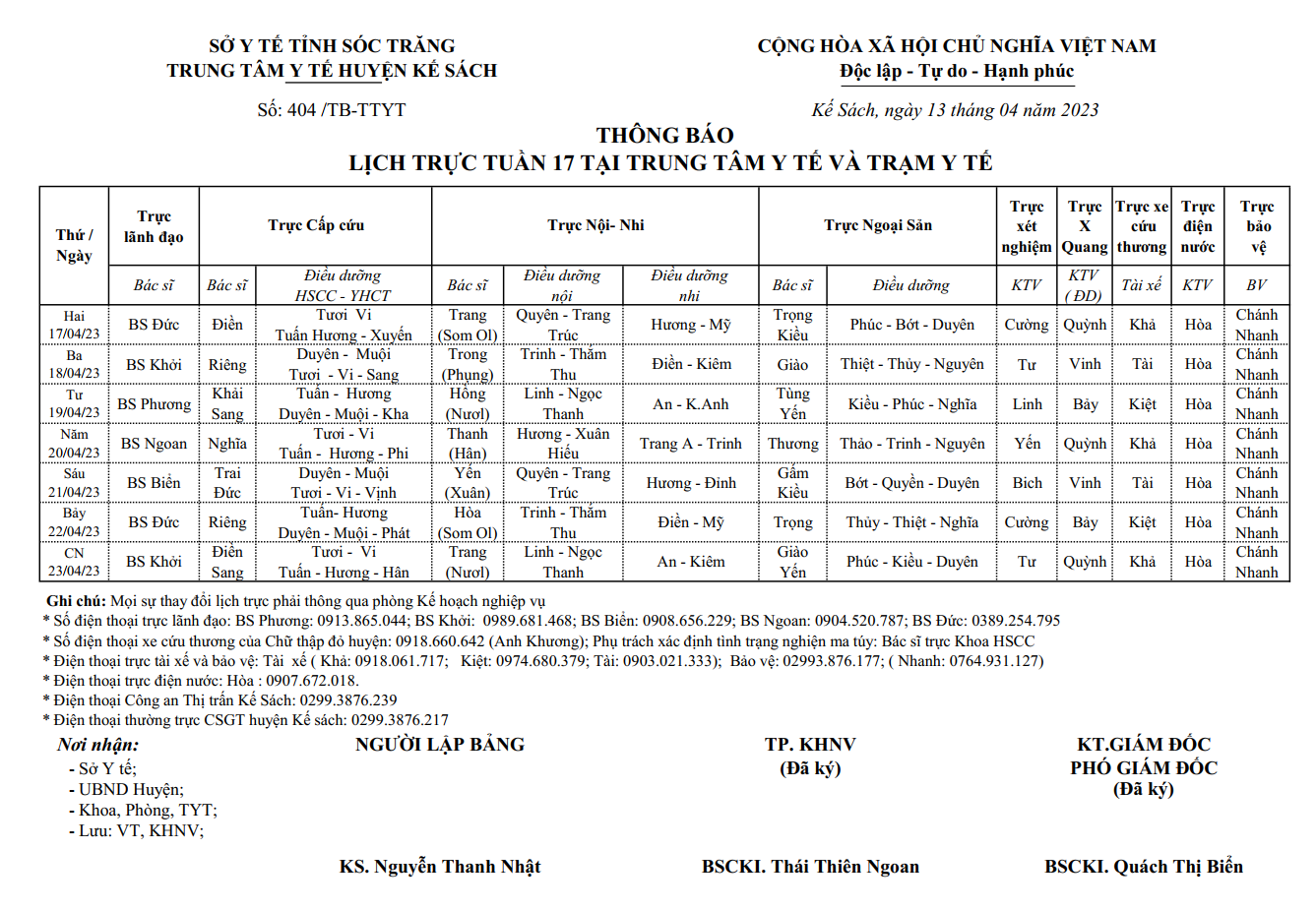 LỊCH TRỰC TUẦN 17/2023 (17/04/2022-23/04/2023)