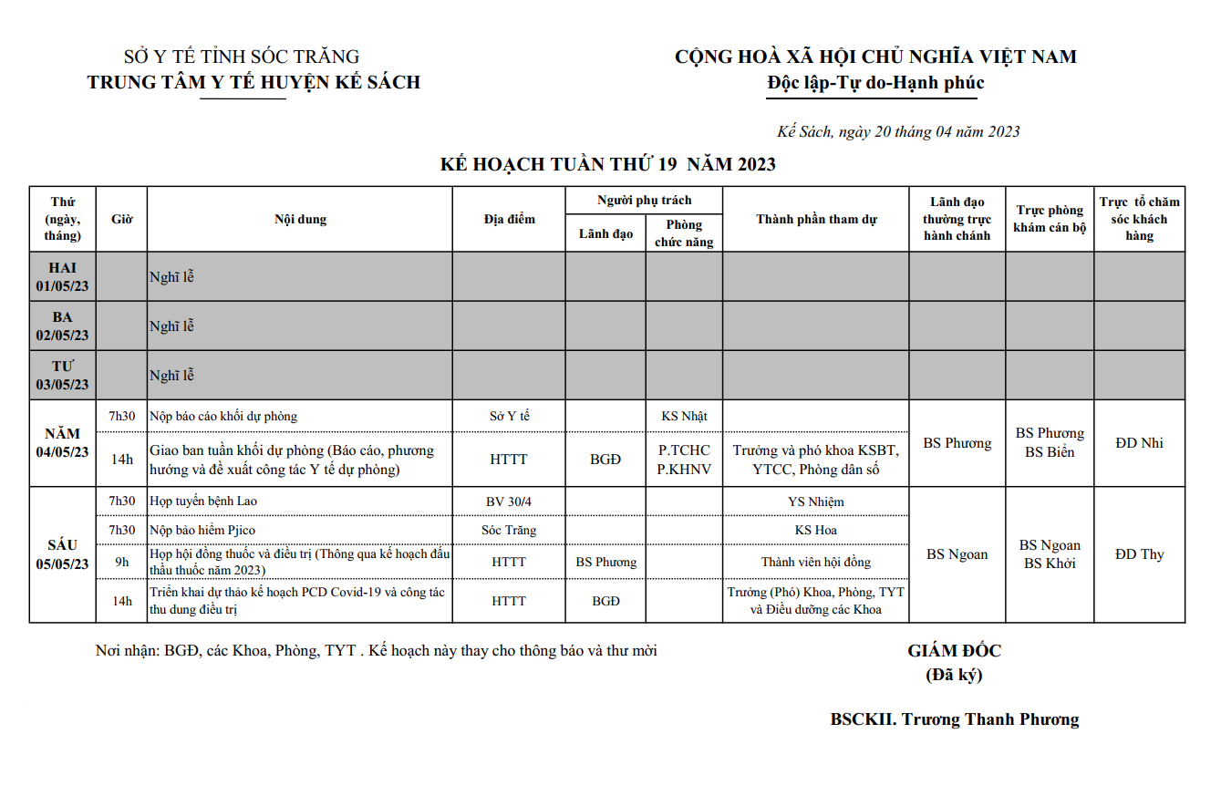 KẾ HOẠCH TUẦN 19/2023 (01/05/2022-07/05/2023)