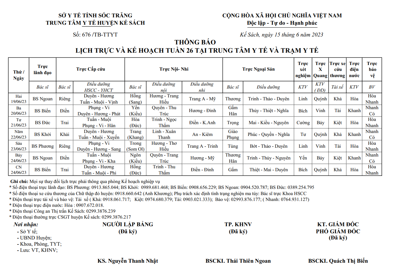 LỊCH TRỰC VÀ KẾ HOẠCH TUẦN 26/2023 (19/06/2022-25/6/2023)