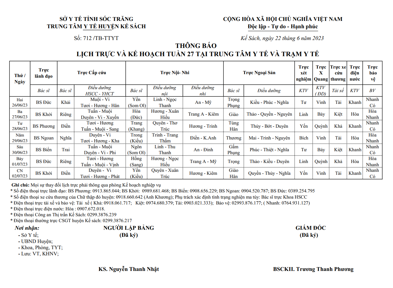 LỊCH TRỰC VÀ KẾ HOẠCH TUẦN 27/2023 (26/6/2022-02/7/2023)