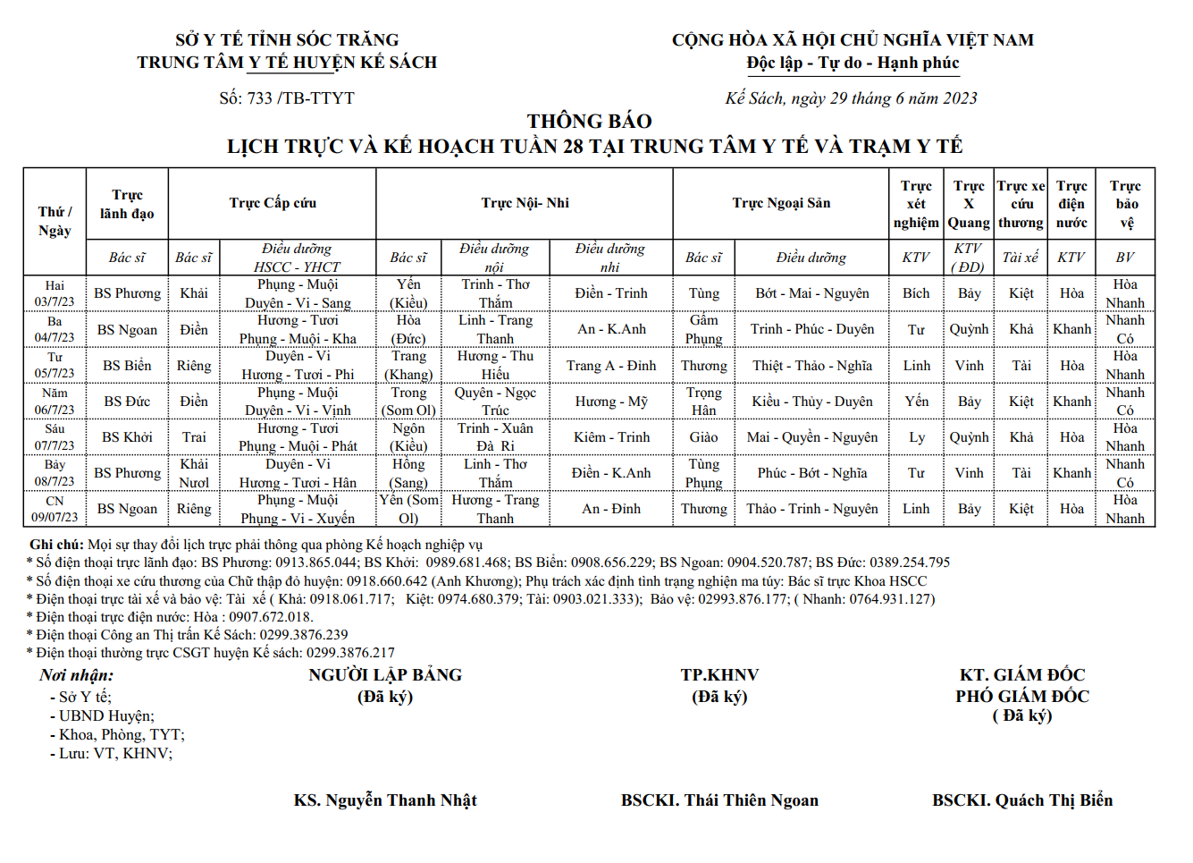 LỊCH TRỰC VÀ KẾ HOẠCH TUẦN 28/2023 (03/72022-09/7/2023)