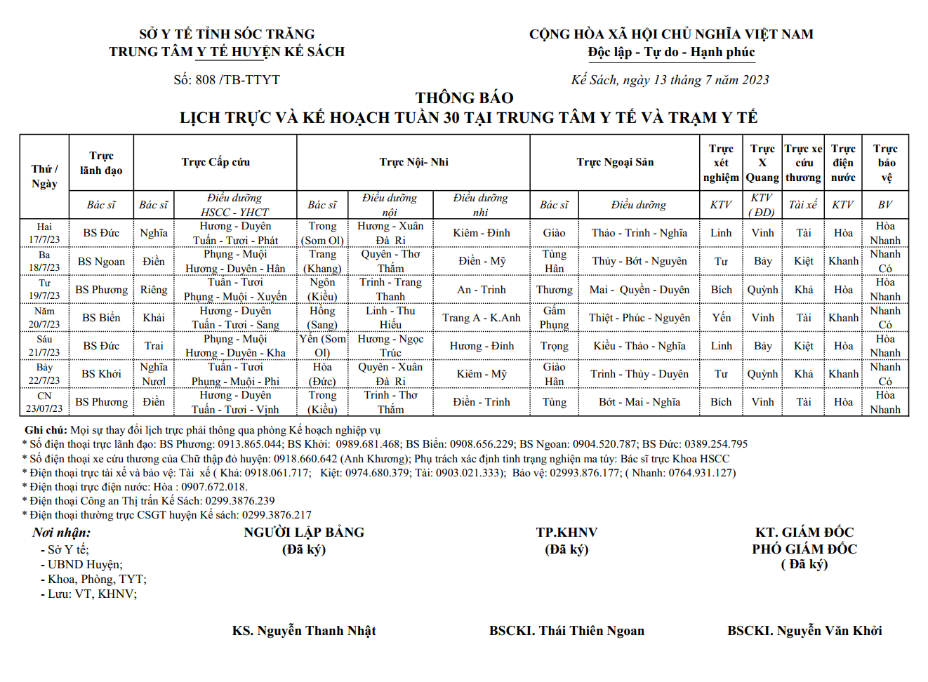 LỊCH TRỰC VÀ KẾ HOẠCH TUẦN 30/2023 (17/72022-23/7/2023)