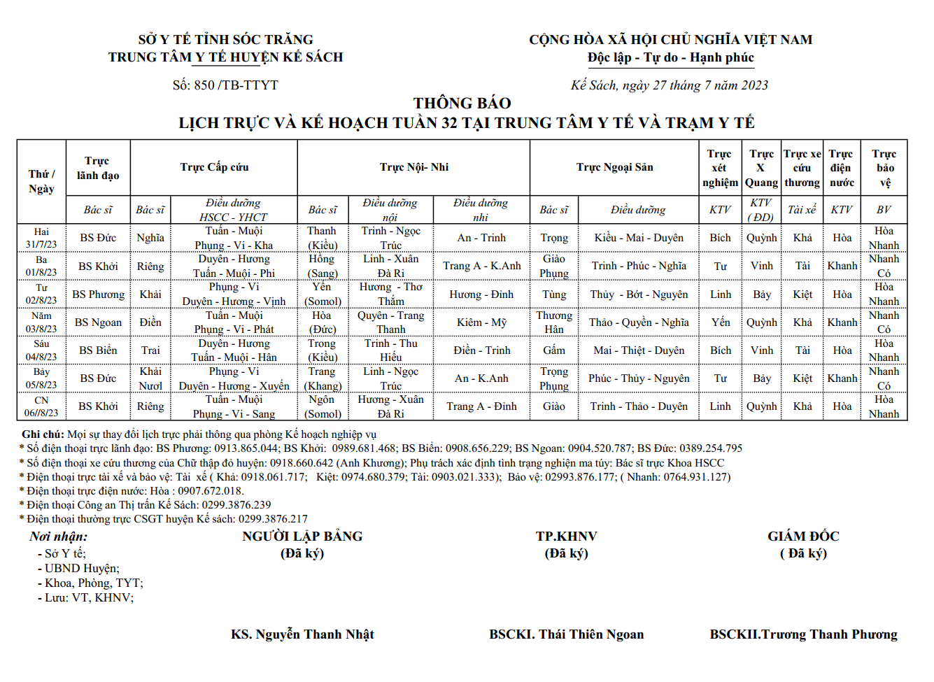 LỊCH TRỰC VÀ KẾ HOẠCH TUẦN 32/2023 (31/72022-06/8/2023)
