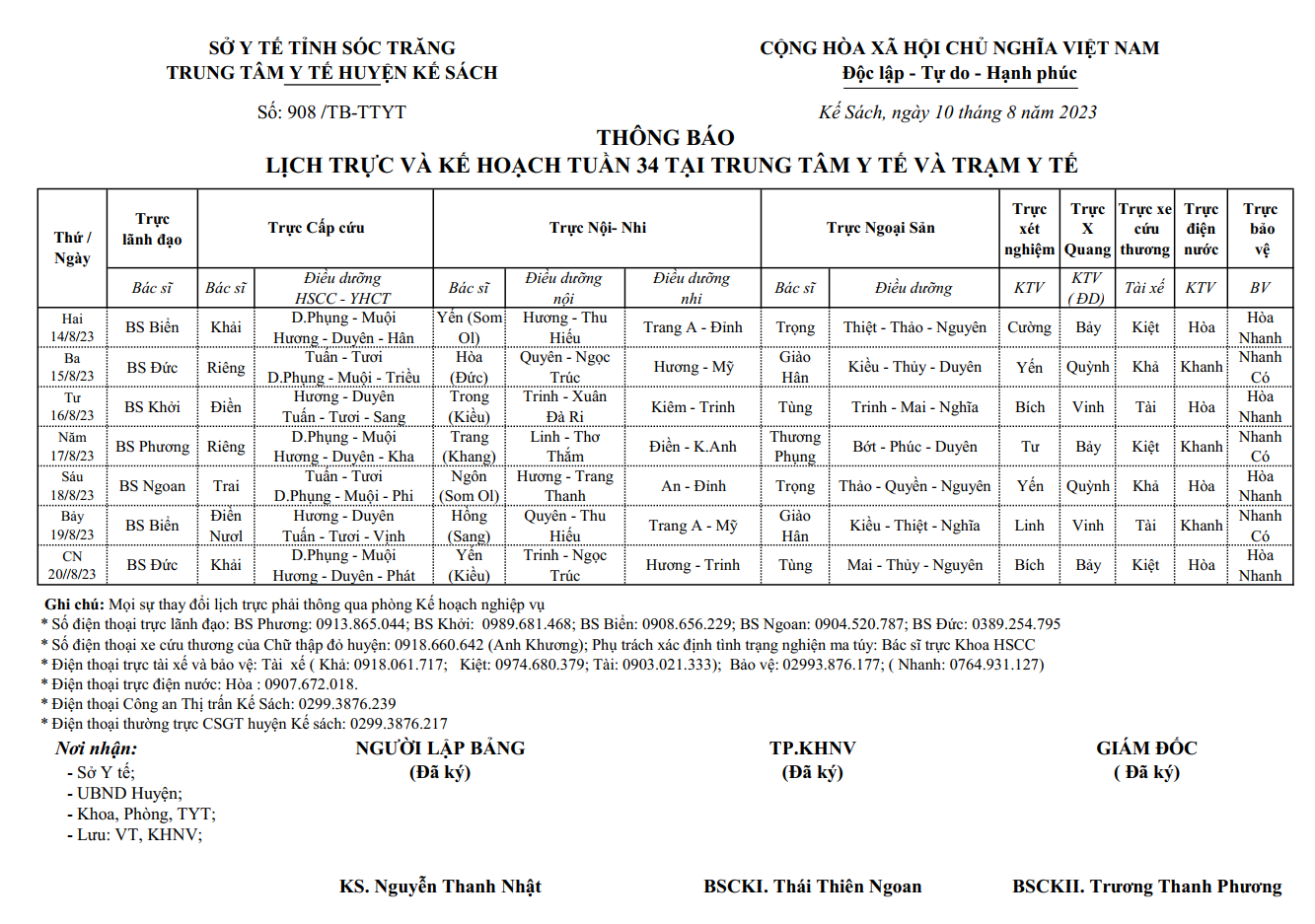 LỊCH TRỰC VÀ KẾ HOẠCH TUẦN 34/2023 (14/8/2022-20/8/2023)