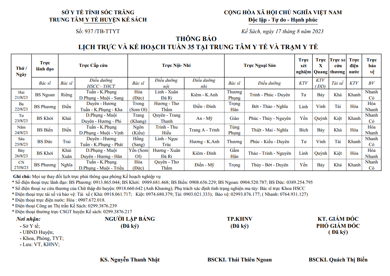 LỊCH TRỰC VÀ KẾ HOẠCH TUẦN 35/2023 (21/8/2023-27/8/2023)