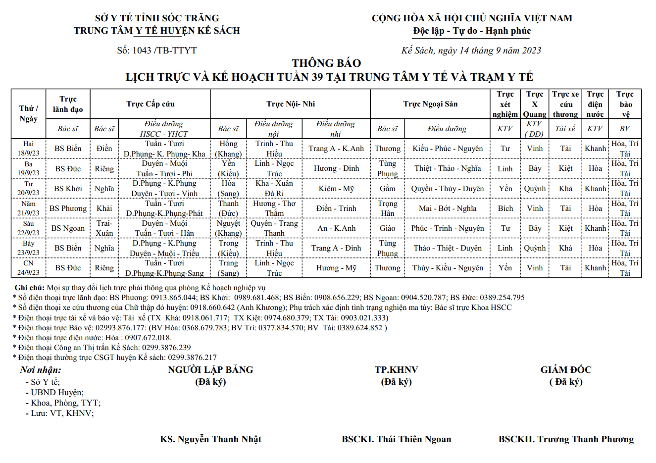 LỊCH TRỰC VÀ KẾ HOẠCH TUẦN 39/2023 (18/9/2023-24/9/2023)