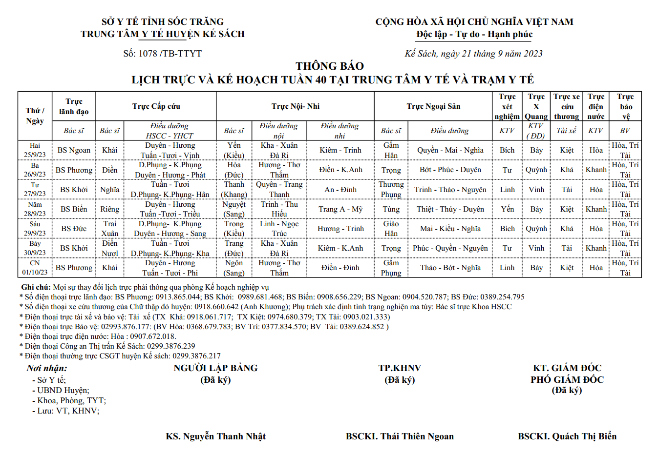 LỊCH TRỰC VÀ KẾ HOẠCH TUẦN 40/2023 (25/9/2023-01/10/2023)