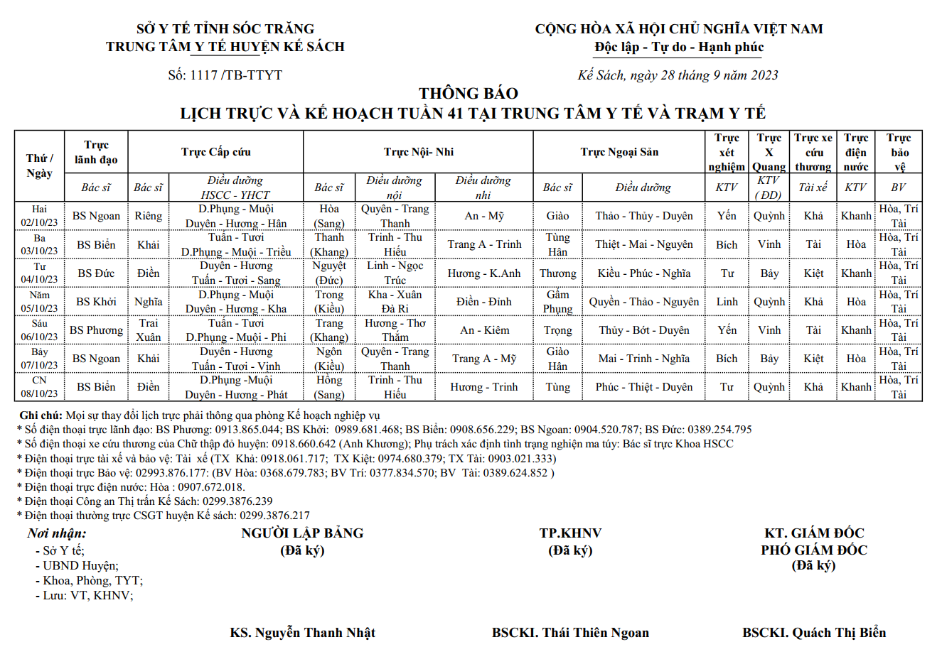 LỊCH TRỰC VÀ KẾ HOẠCH TUẦN 41/2023 (02/10/2023-08/10/2023)