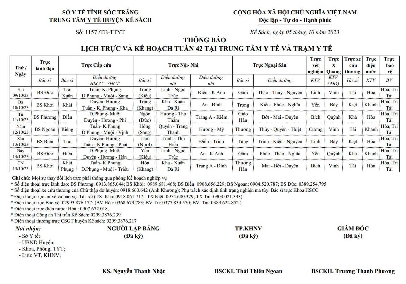 LỊCH TRỰC VÀ KẾ HOẠCH TUẦN 42/2023 (09/10/2023-15/10/2023)