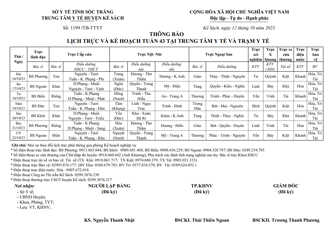 LỊCH TRỰC VÀ KẾ HOẠCH TUẦN 43/2023 (16/10/2023-22/10/2023)