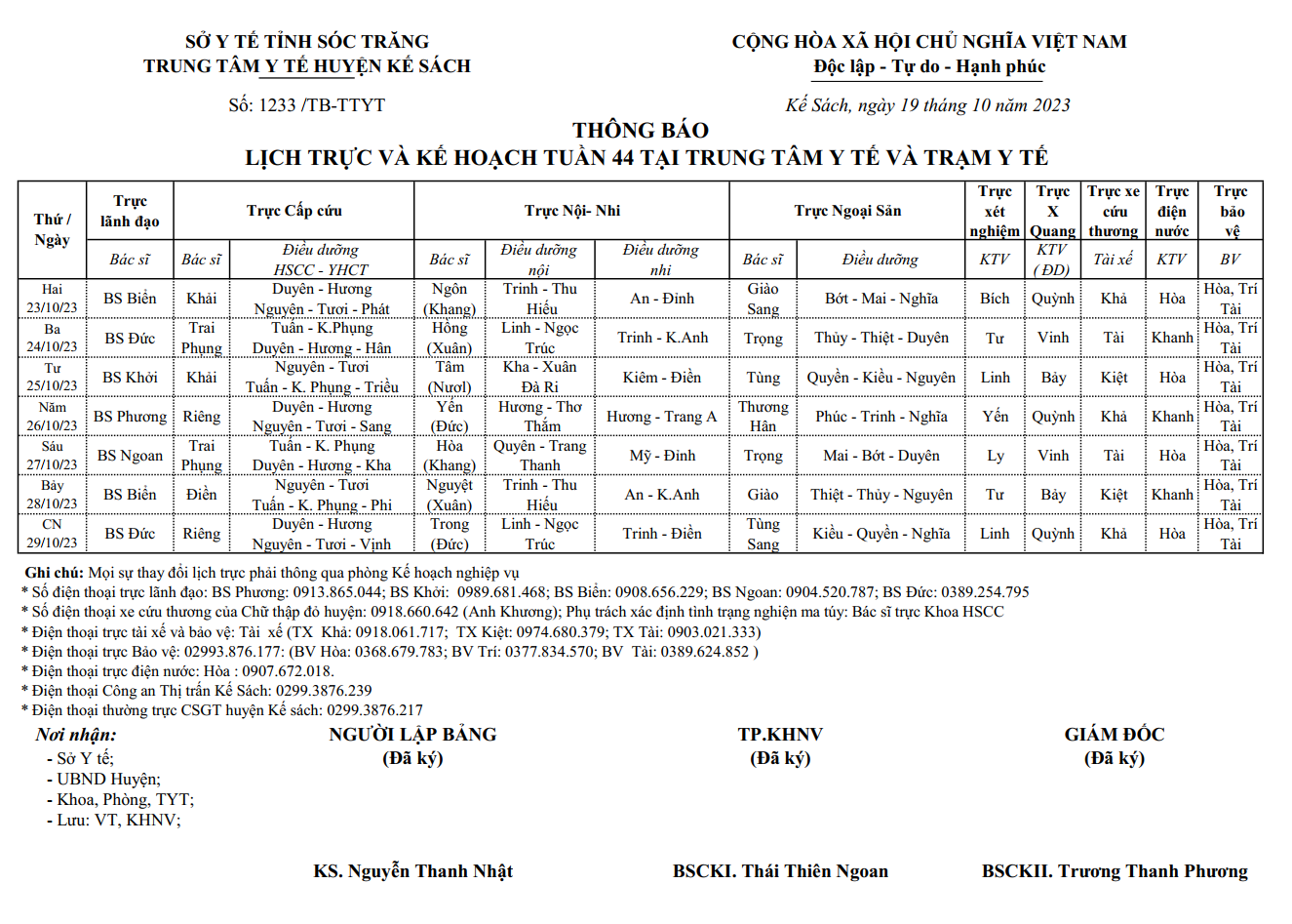 LỊCH TRỰC VÀ KẾ HOẠCH TUẦN 44/2023 (23/10/2023-29/10/2023)