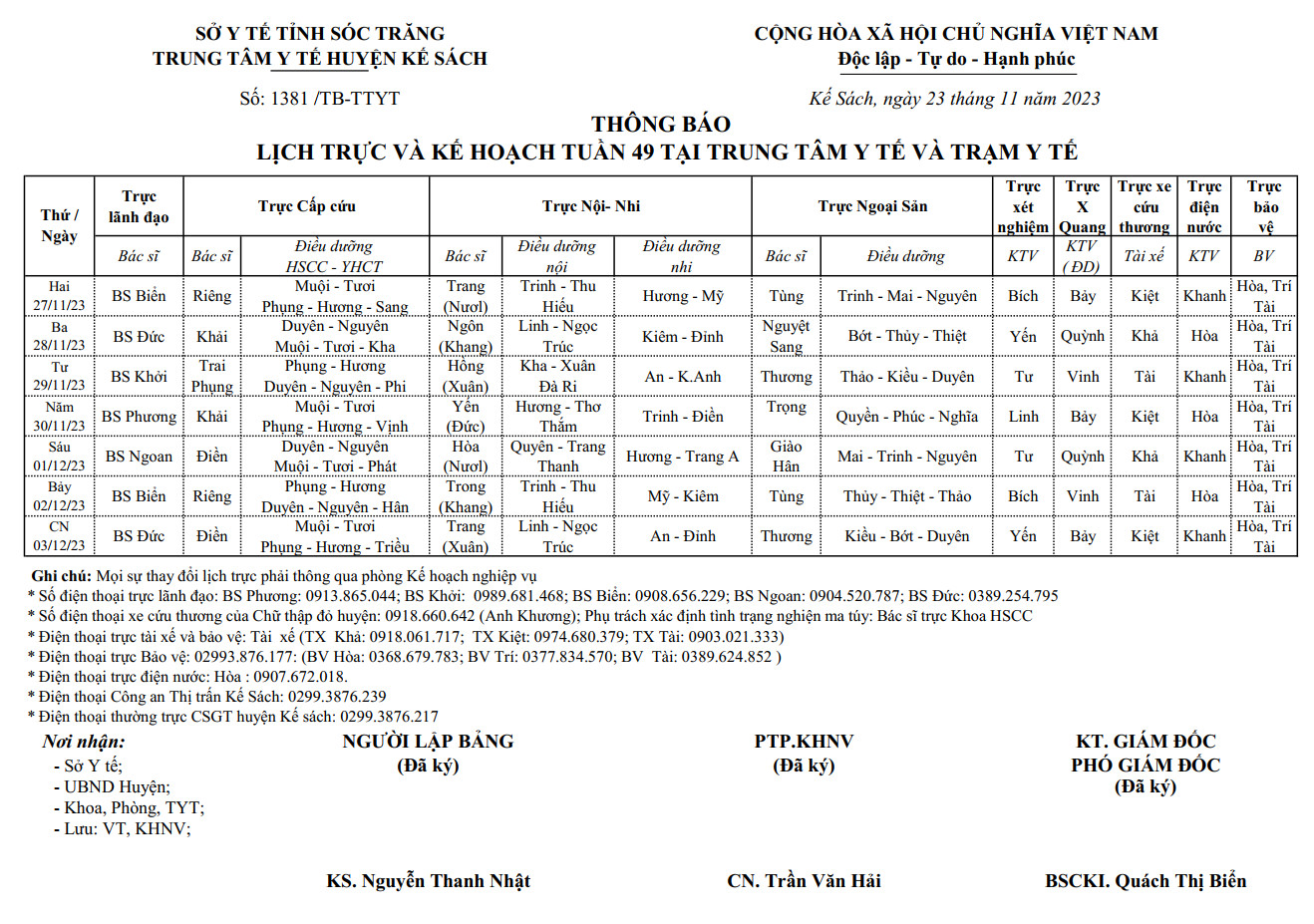 LỊCH TRỰC VÀ KẾ HOẠCH TUẦN 49/2023 (27/11/2023-03/12/2023)
