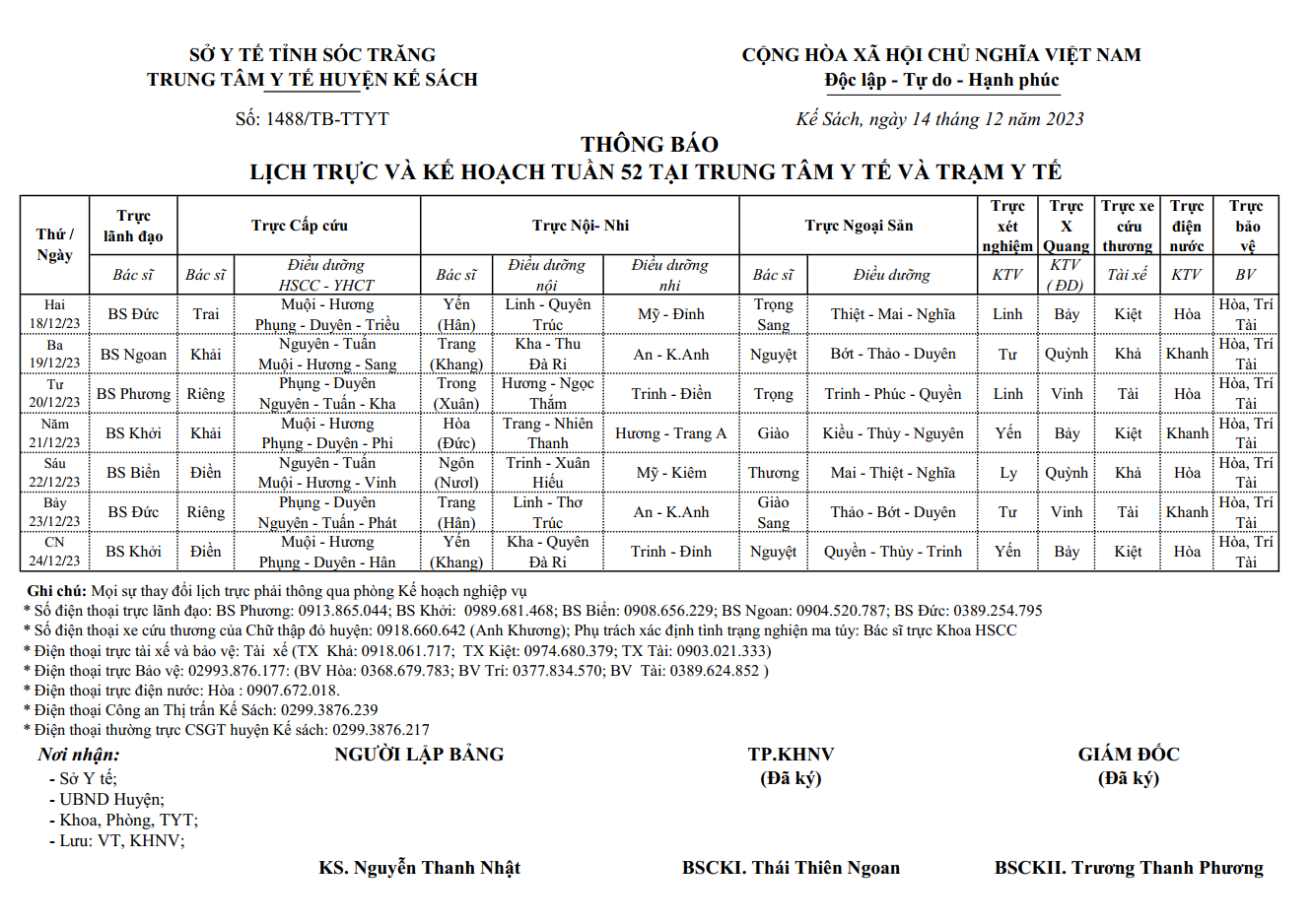 LỊCH TRỰC VÀ KẾ HOẠCH TUẦN 52/2023 (18/12/2023-24/12/2023)
