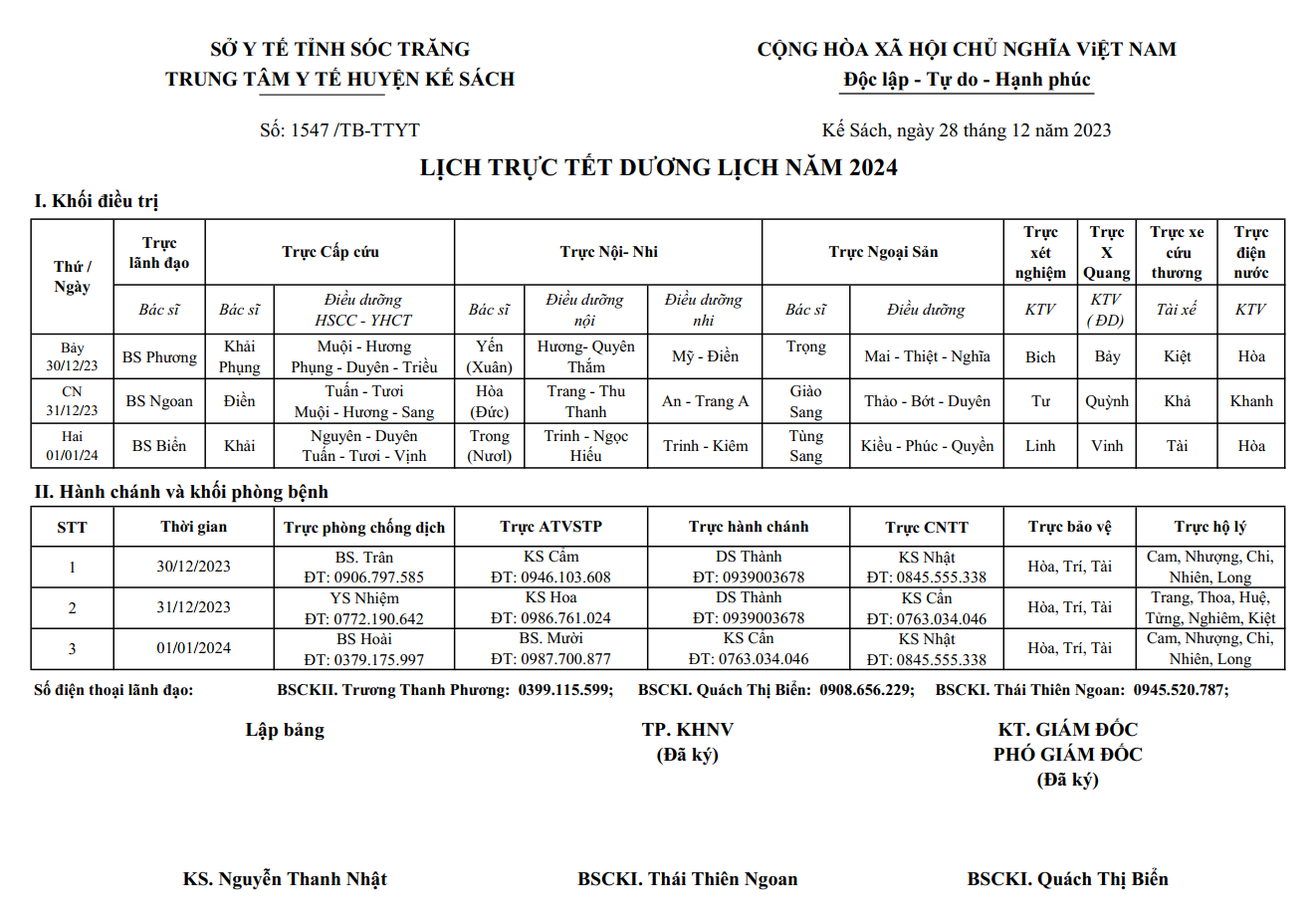 LỊCH TRỰC TẾT DƯƠNG LỊCH 2024