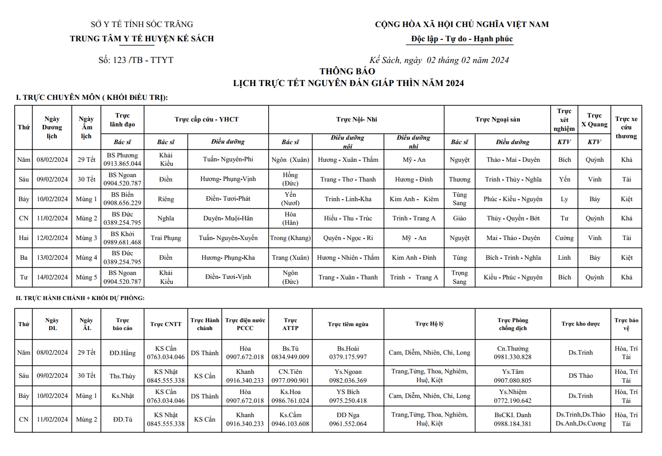 LỊCH TRỰC TẾT NGUYÊN ĐÁN GIÁP THÌN 2024