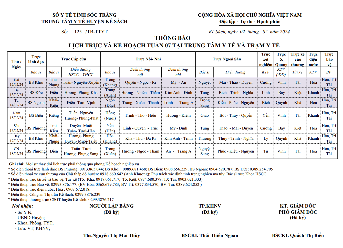 LỊCH TRỰC VÀ KẾ HOẠCH TUẦN 07/2024 (12/02/2024 - 18/02/2024)