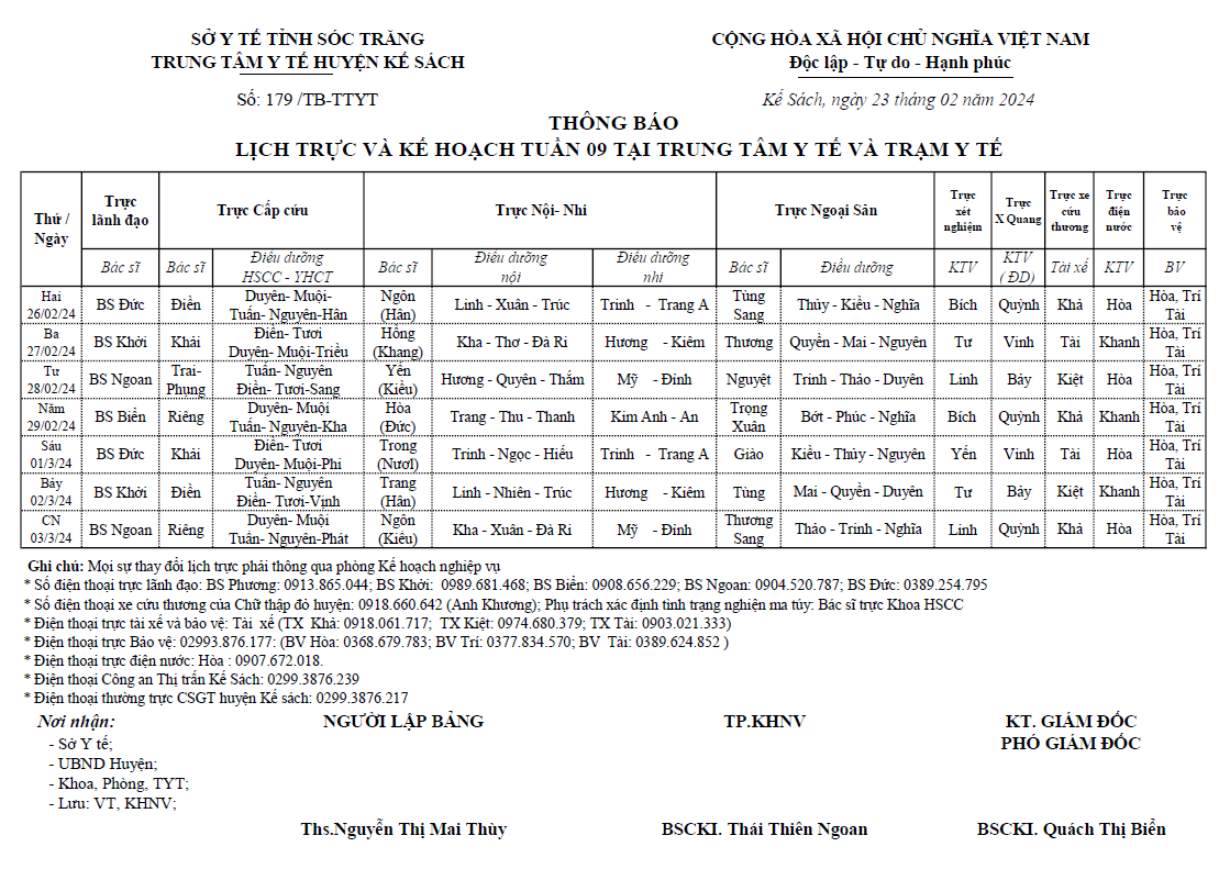 LỊCH TRỰC VÀ KẾ HOẠCH TUẦN 09/2024 (26/02/2024 - 03/3/2024)