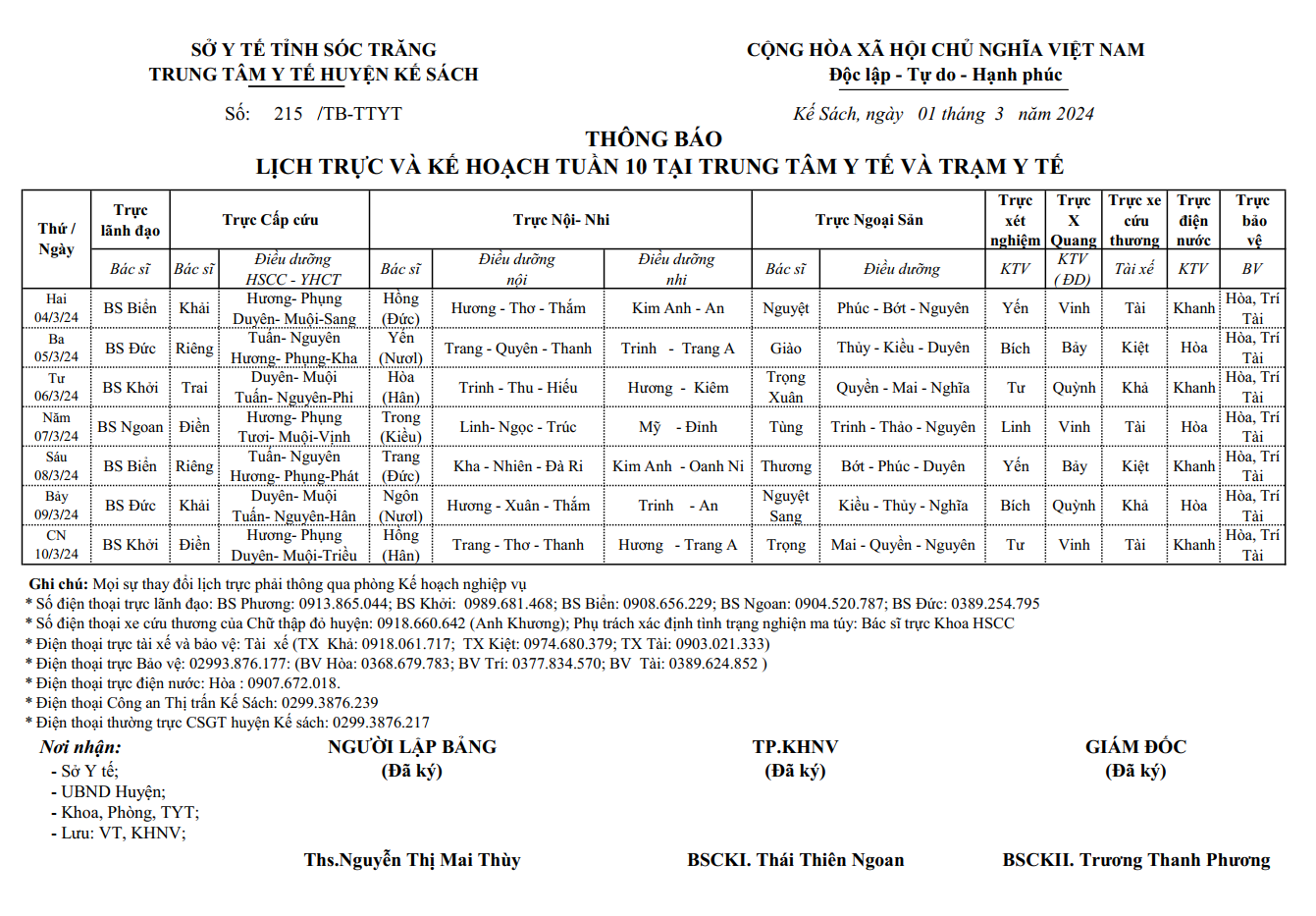 LỊCH TRỰC VÀ KẾ HOẠCH TUẦN 10/2024 (04/3/2024 - 10/3/2024)