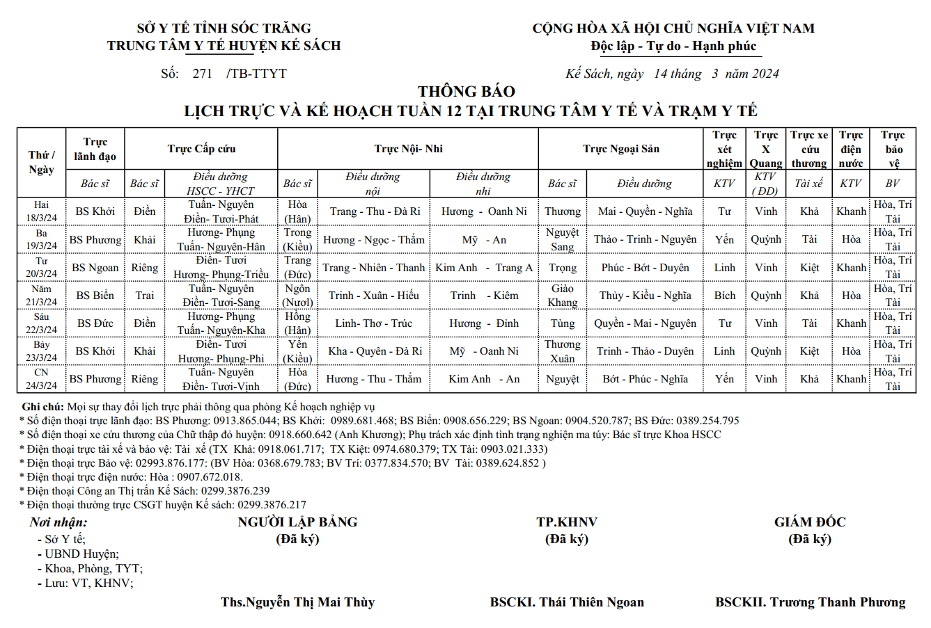 LỊCH TRỰC VÀ KẾ HOẠCH TUẦN 12 (18/3/2024 - 24/3/2024)