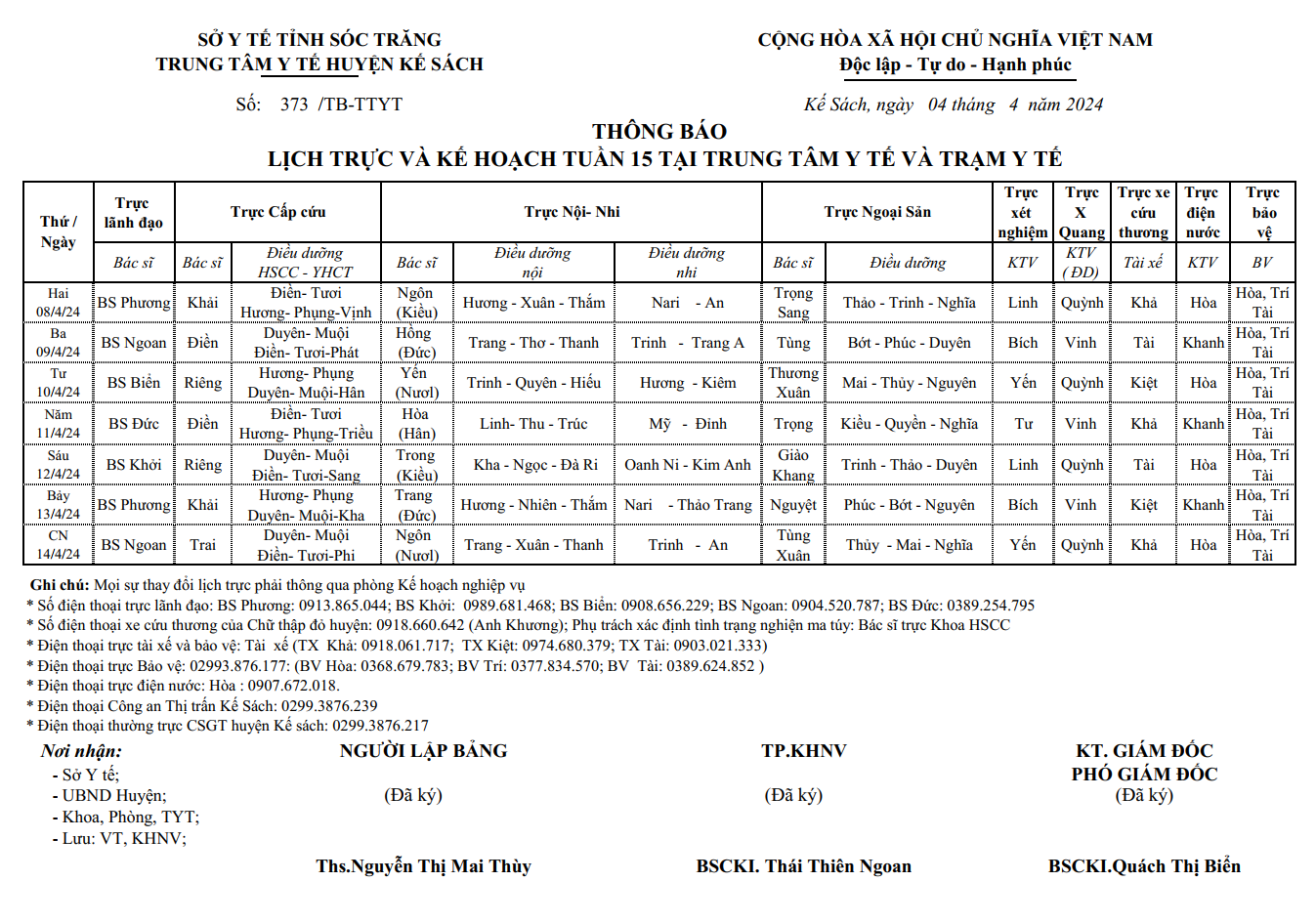 LỊCH TRỰC VÀ KẾ HOẠCH TUẦN 15 (08/4/2024 - 14/4/2024)
