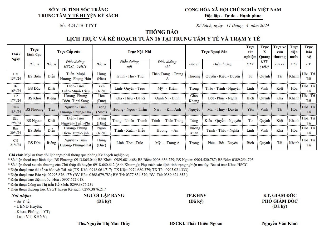 LỊCH TRỰC VÀ KẾ HOẠCH TUẦN 16 (15/4/2024 - 21/4/2024)