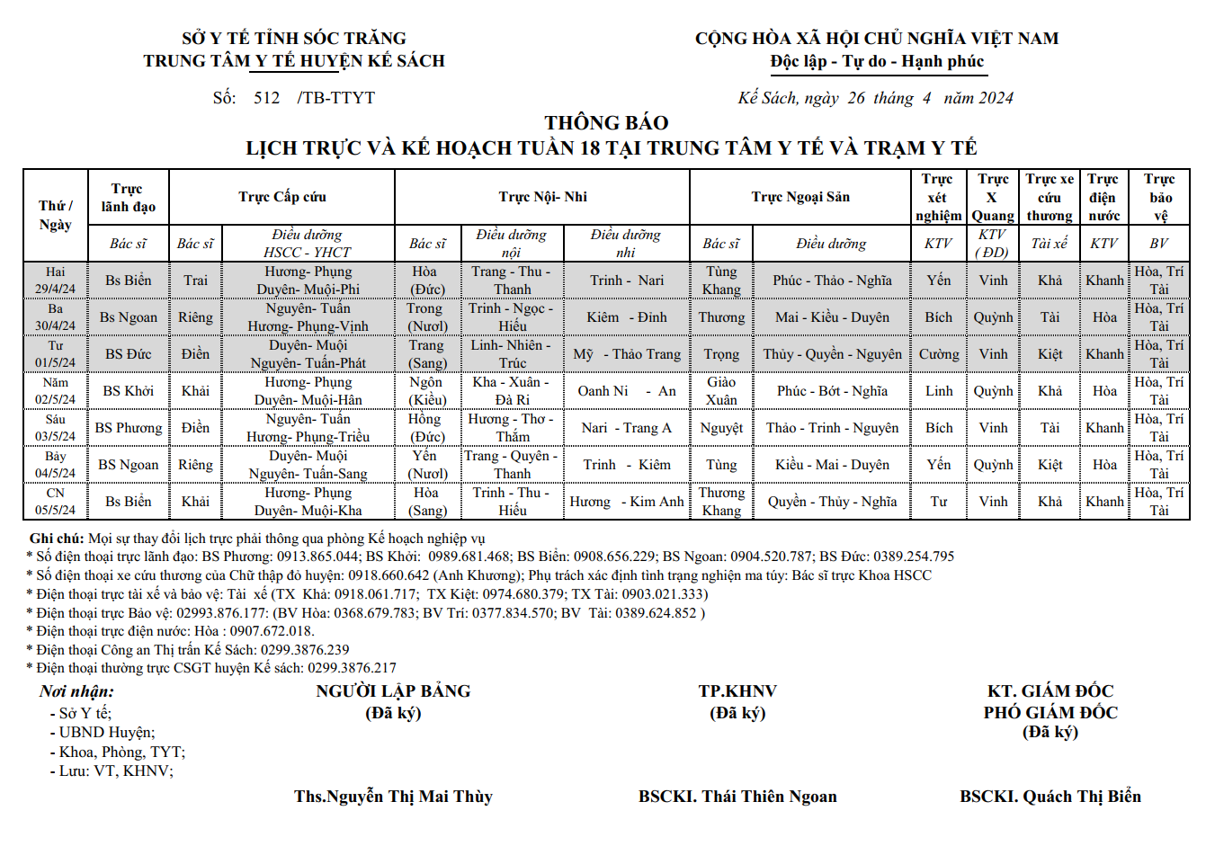 LỊCH TRỰC VÀ KẾ HOẠCH TUẦN 18 (29/4/2024 - 05/5/2024)