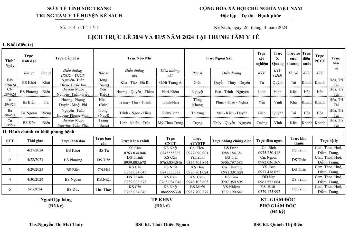 LỊCH TRỰC LỄ 30/4 VÀ 01/5 NĂM 2024