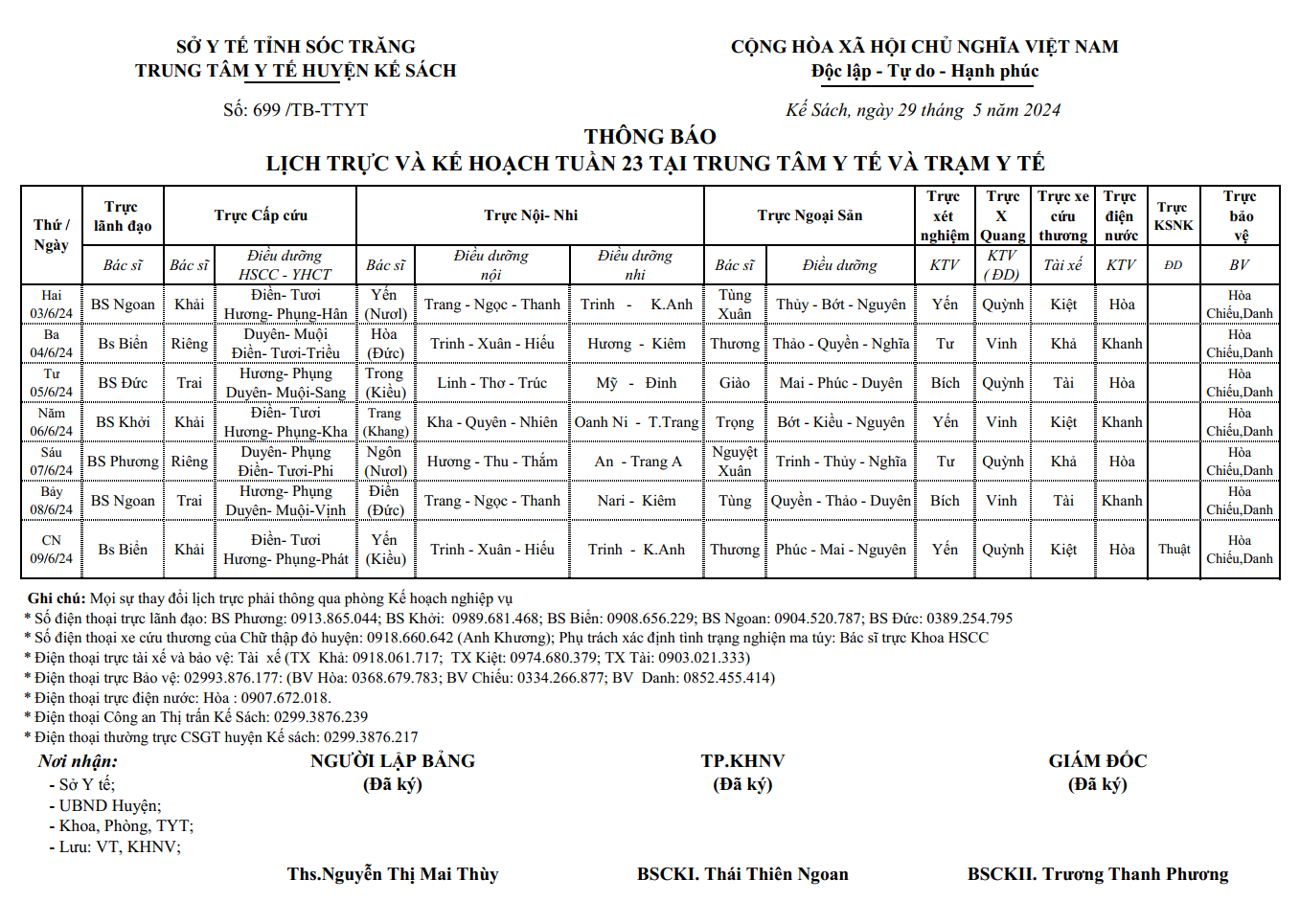 LỊCH TRỰC VÀ KẾ HOẠCH TUẦN 23 (03/6/2024 - 09/6/2024)