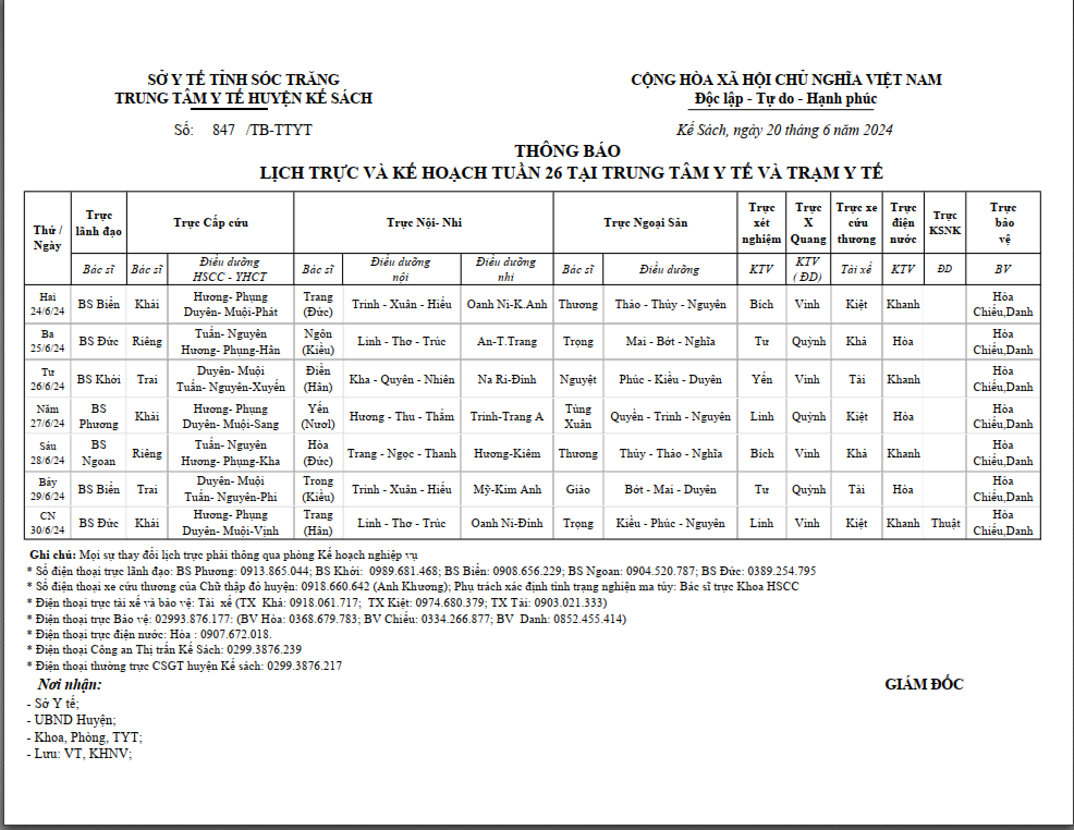 LỊCH TRỰC VÀ KẾ HOẠCH TUẦN 26 (24/6/2024 - 30/6/2024)