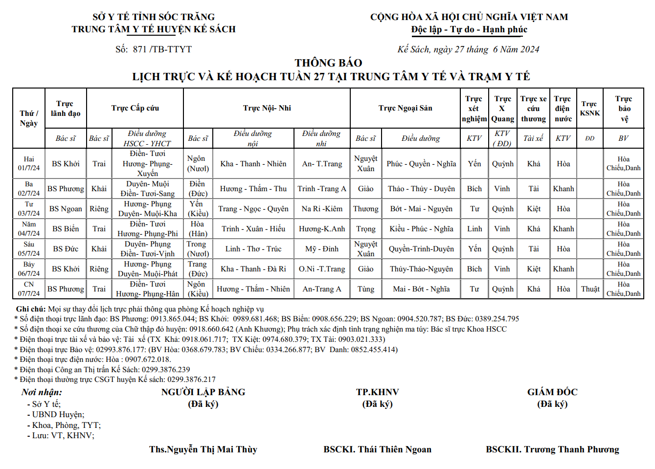 LỊCH TRỰC VÀ KẾ HOẠCH TUẦN 27 (01/7/2024 - 07/7/2024)