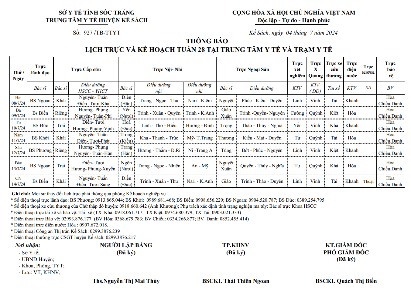 THÔNG BÁO LỊCH TRỰC VÀ KẾ HOẠCH TUẦN 28 (08/7/2024 - 14/7/2024)