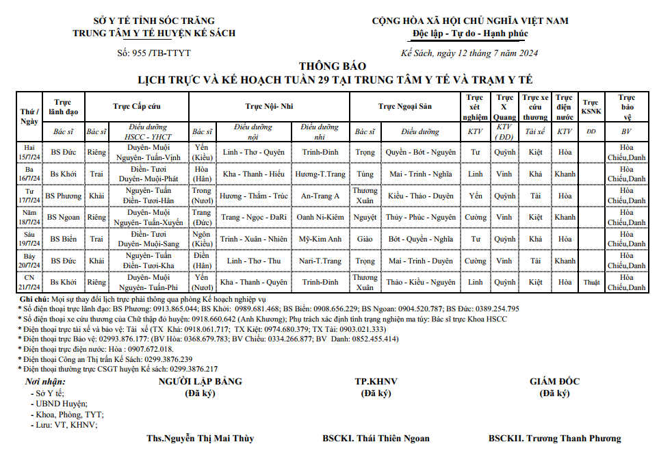 THÔNG BÁO LỊCH TRỰC VÀ KẾ HOẠCH TUẦN 29 (15/7/2024 - 21/7/2024)