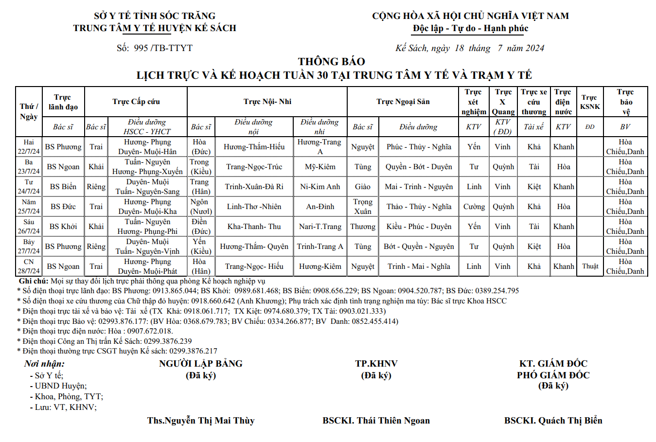 THÔNG BÁO LỊCH TRỰC VÀ KẾ HOẠCH TUẦN 30 (22/7/2024 - 28/7/2024)