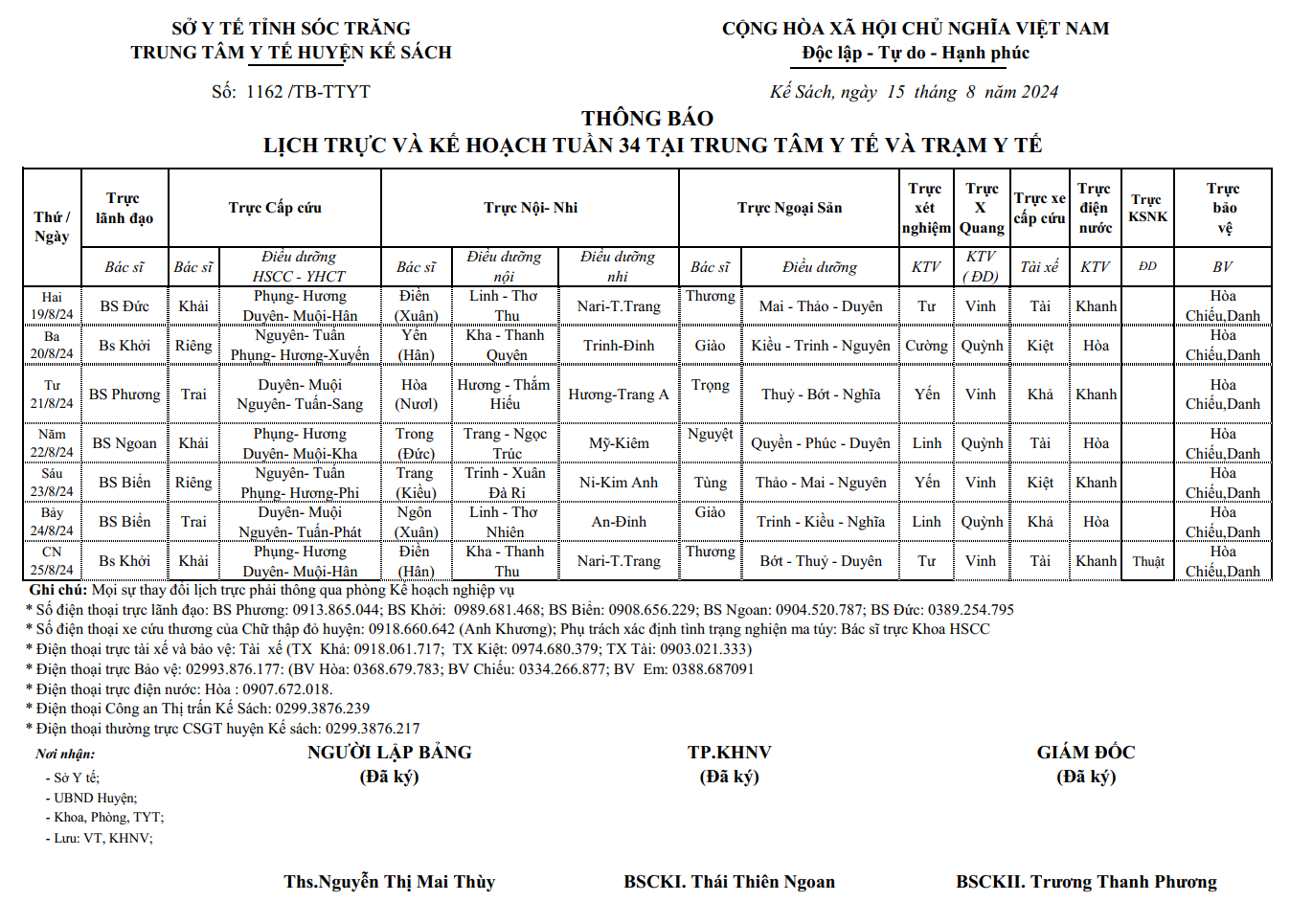 THÔNG BÁO LỊCH TRỰC VÀ KẾ HOẠCH TUẦN 34 (19/8/2024 - 25/8/2024)