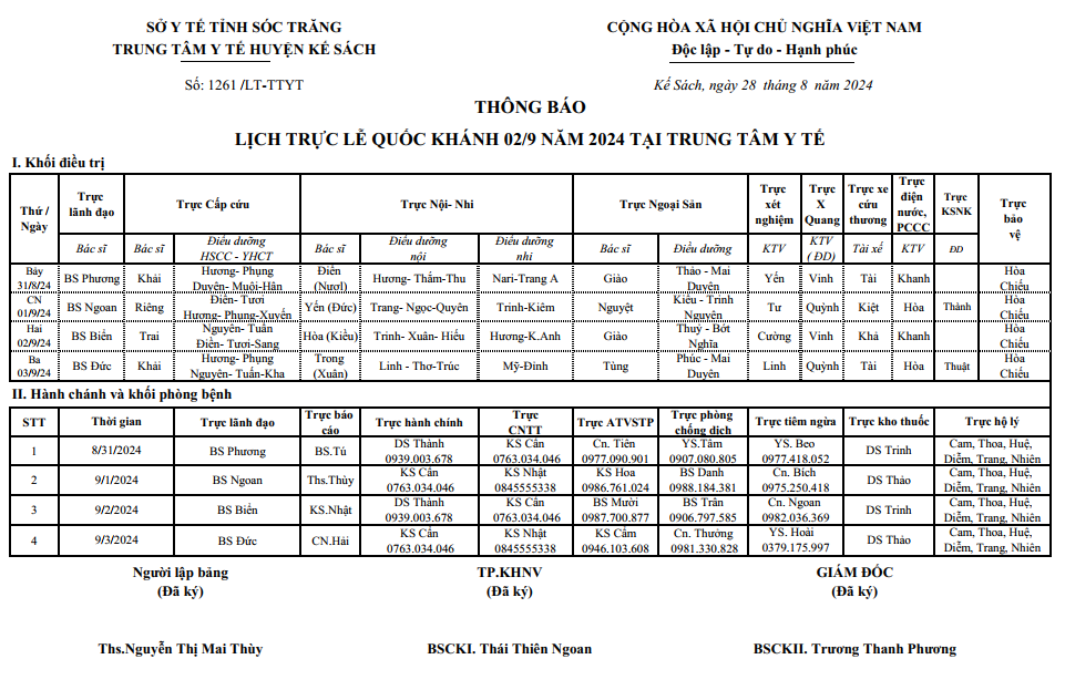 THÔNG BÁO LỊCH TRỰC LỄ QUỐC KHÁNH 02/9 NĂM 2024