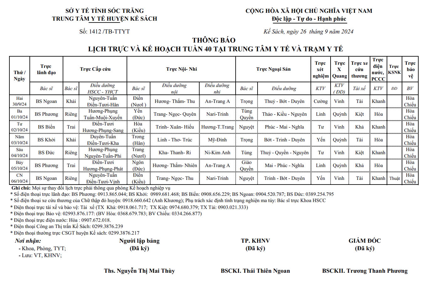 THÔNG BÁO LỊCH TRỰC VÀ KẾ HOẠCH TUẦN 40 (30/9/2024 - 06/10/2024)