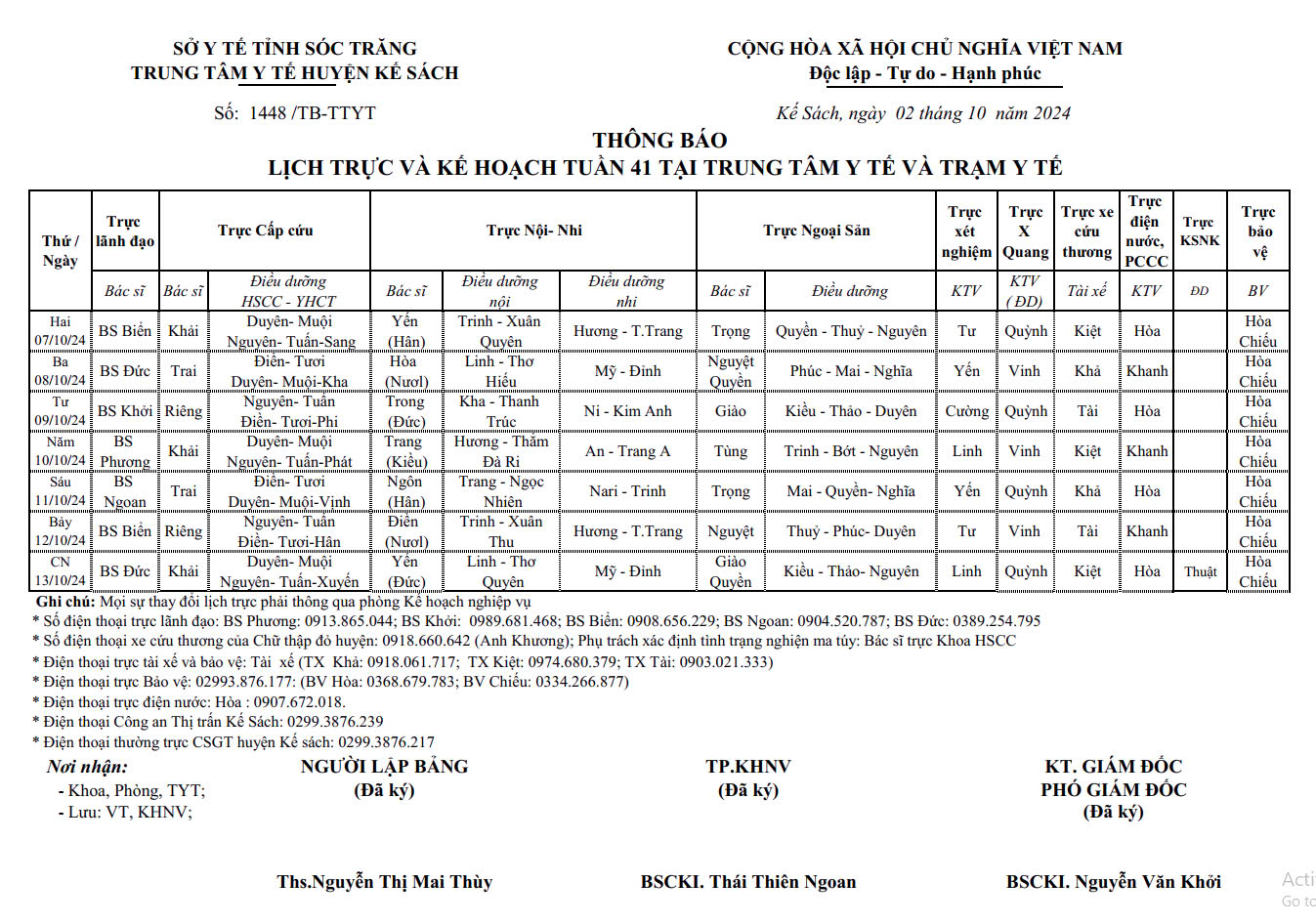 THÔNG BÁO LỊCH TRỰC VÀ KẾ HOẠCH TUẦN 41 (07/10/2024 - 13/10/2024)